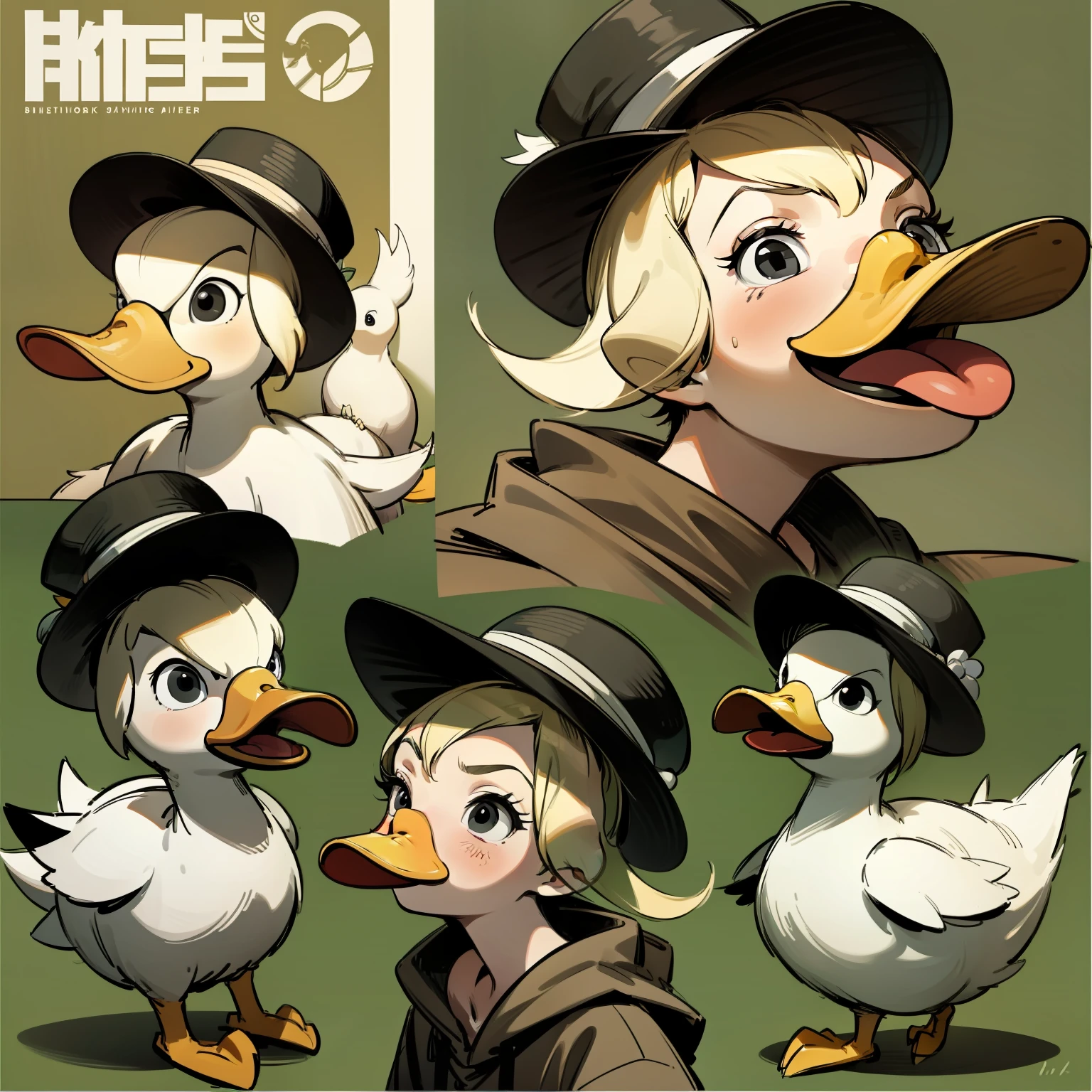 a small white duckling with yellow beak and black eyes, white duck, black eyes, duck wearing hat, duck in various positions, duck profile, duck profile, profile, various angles, various positions, poses