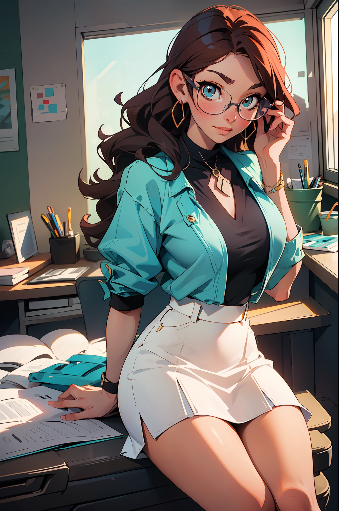 "(Best quality, masterpiece) 1920s office with warm lighting. The scene features a girl, an office lady, with wavy hair, wearing a white skirt and glasses. She has large breasts and exudes a cool and sexy vibe. Incorporate elements of idolmaster with a deep V-neck dress in the style of Lora (weighted at