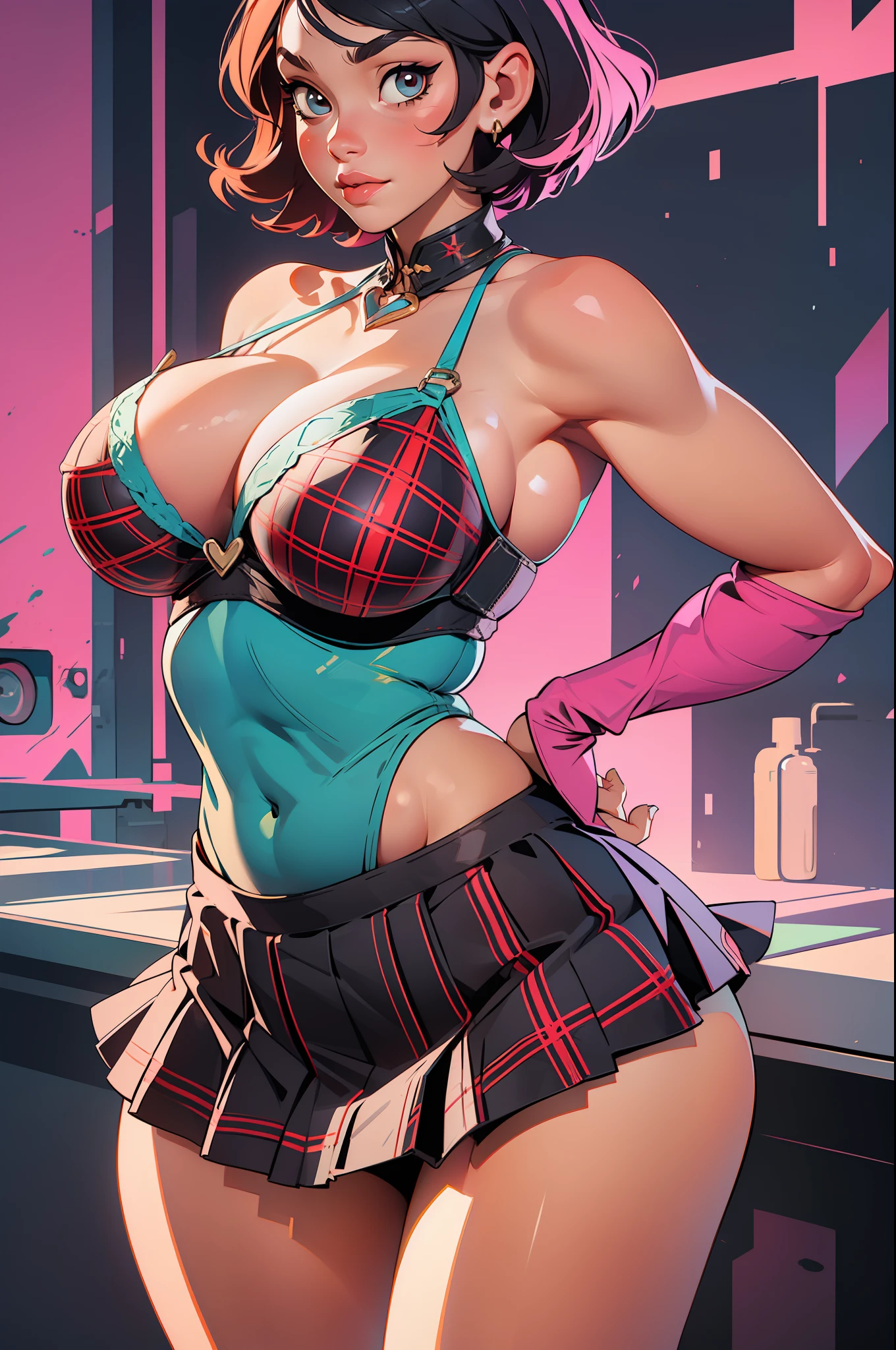 masterpiece, hyperdetailed, adult, mature, woman, short hair, voluptuous, (huge breasts:1.3), mini skirt, plaid skirt, thong, cleavage, lingerie, flat colors, vivid colors,