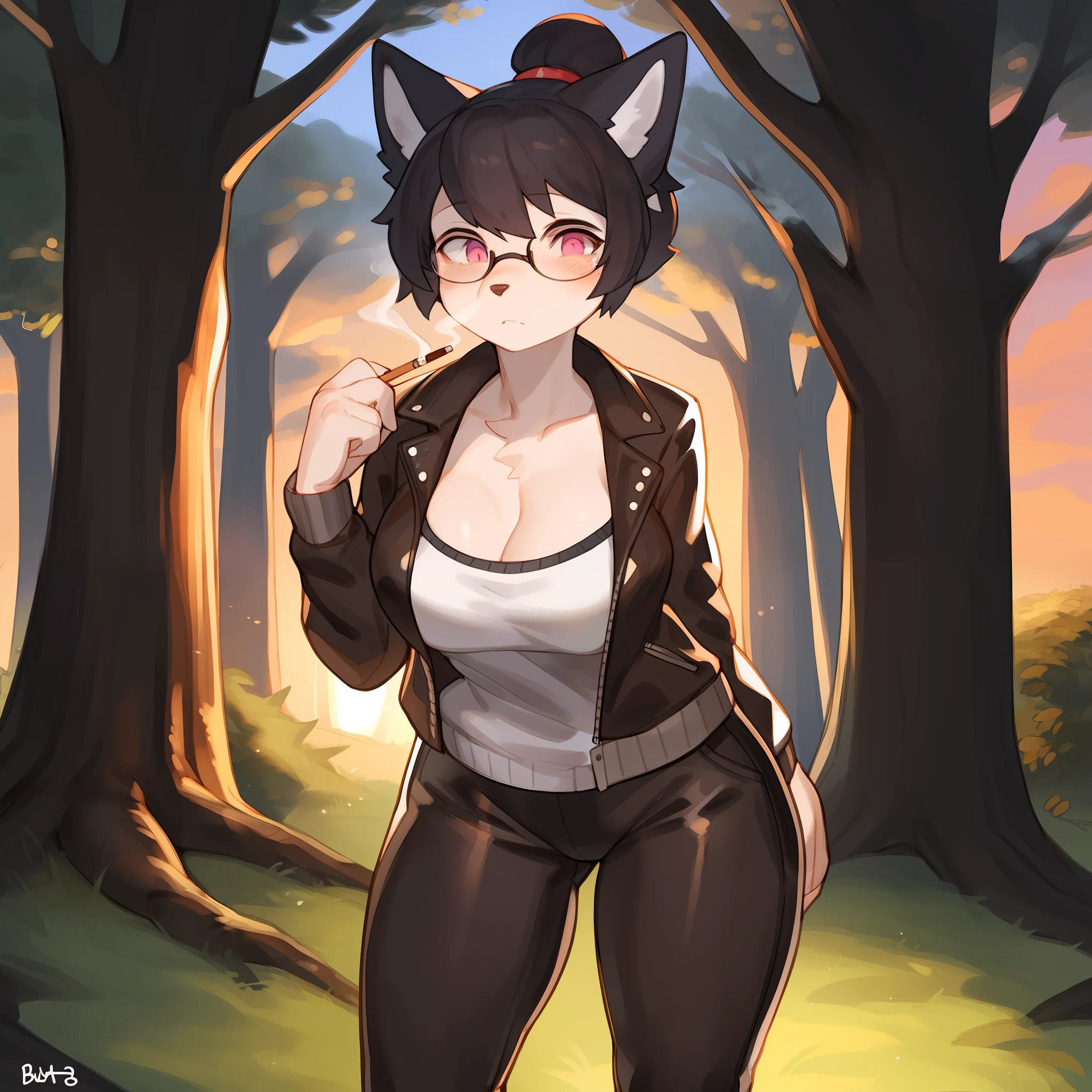 Solo, female, canine, snout, short snout, wide snout, white fur, white body, cleavage, pink eyes, detailed eyes, glasses, black hair, hair bun, up do, detailed hands, medium breasts, cameltoe, white undershirt, brown leather bomber jacket, tight white yoga pants, black boots, smoking a cigarette, tired eyes, standing, tree, woods, grass, distant spaceship, sunset, by buta99, by bebebebebe, by chelodoy