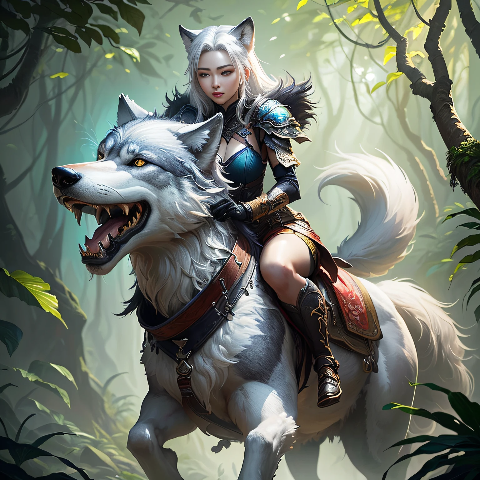 "A Woman Riding a Big Grey Wolf in the Jungle with White Hair", CGSOCIETY, Dream Art Behans, Pan Chengwei on ArtStation, Fantasy Art Style, [CGSOCIETY Trends]!, Deviantart Artstation cgscosiety