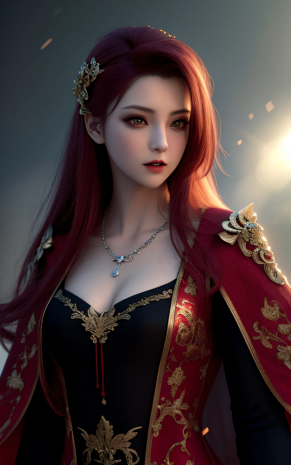 vampire, best quality, masterpiece, high resolution, 1girl, porcelain dress, red hair, hair accessories, necklace, jewelry, beautiful face, physically, tyndall effect, apron, realistic, dark studio, edge lighting, double Tonal lighting, (high detail skin: 1.2 ), 8k uhd, dslr, soft light, high quality, volume light, candid, photo, high resolution, 4k, 8k, bokeh