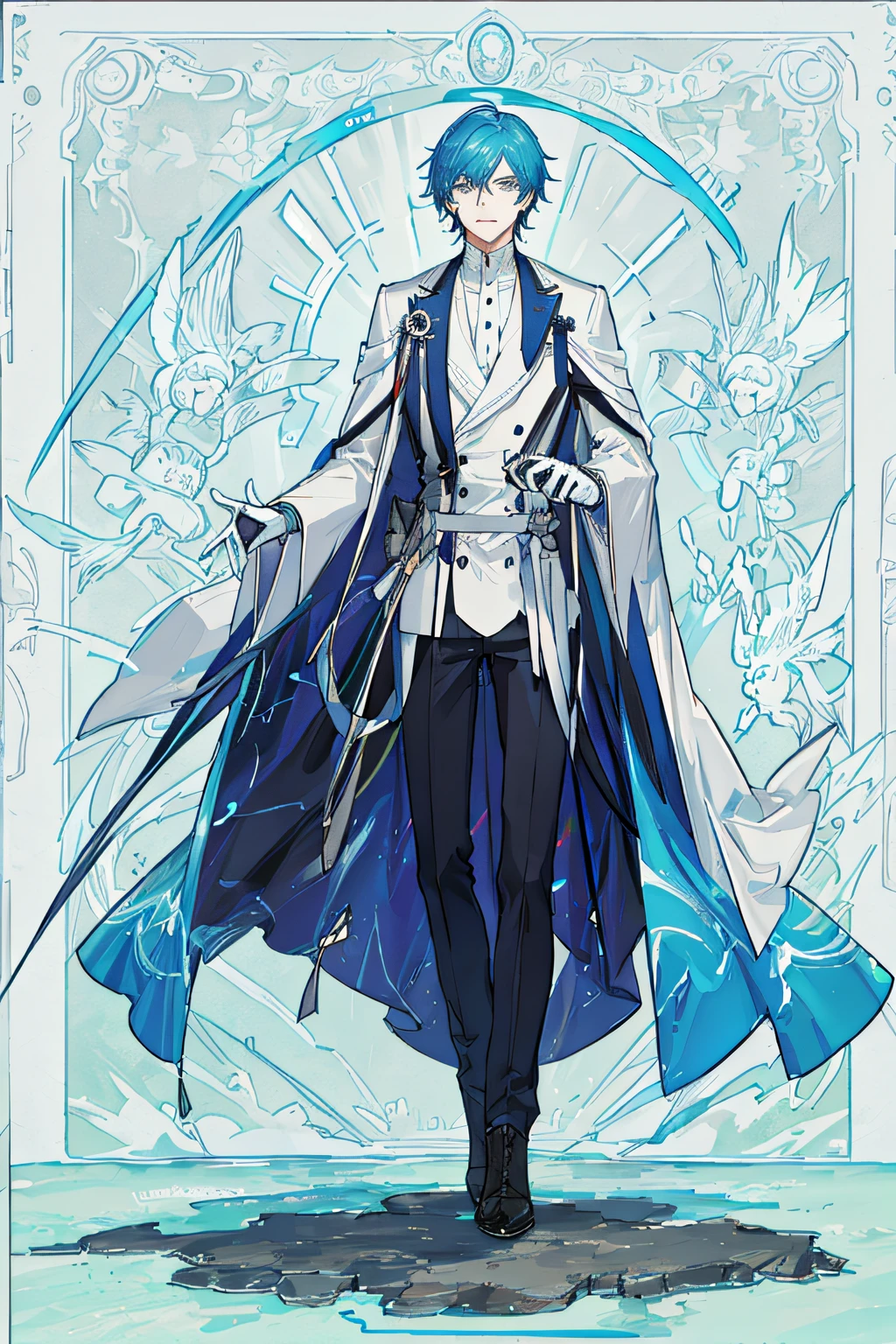 arafed male in a suit and tie standing on a blue sheet, cai xukun, blue suit, by Emma Andijewska, jimin, full body portrait shot, portrait full body, hyung tae, full body photograph, jia, modern maximalist suit, ji-min, delicate androgynous prince, taejune kim, full body photo