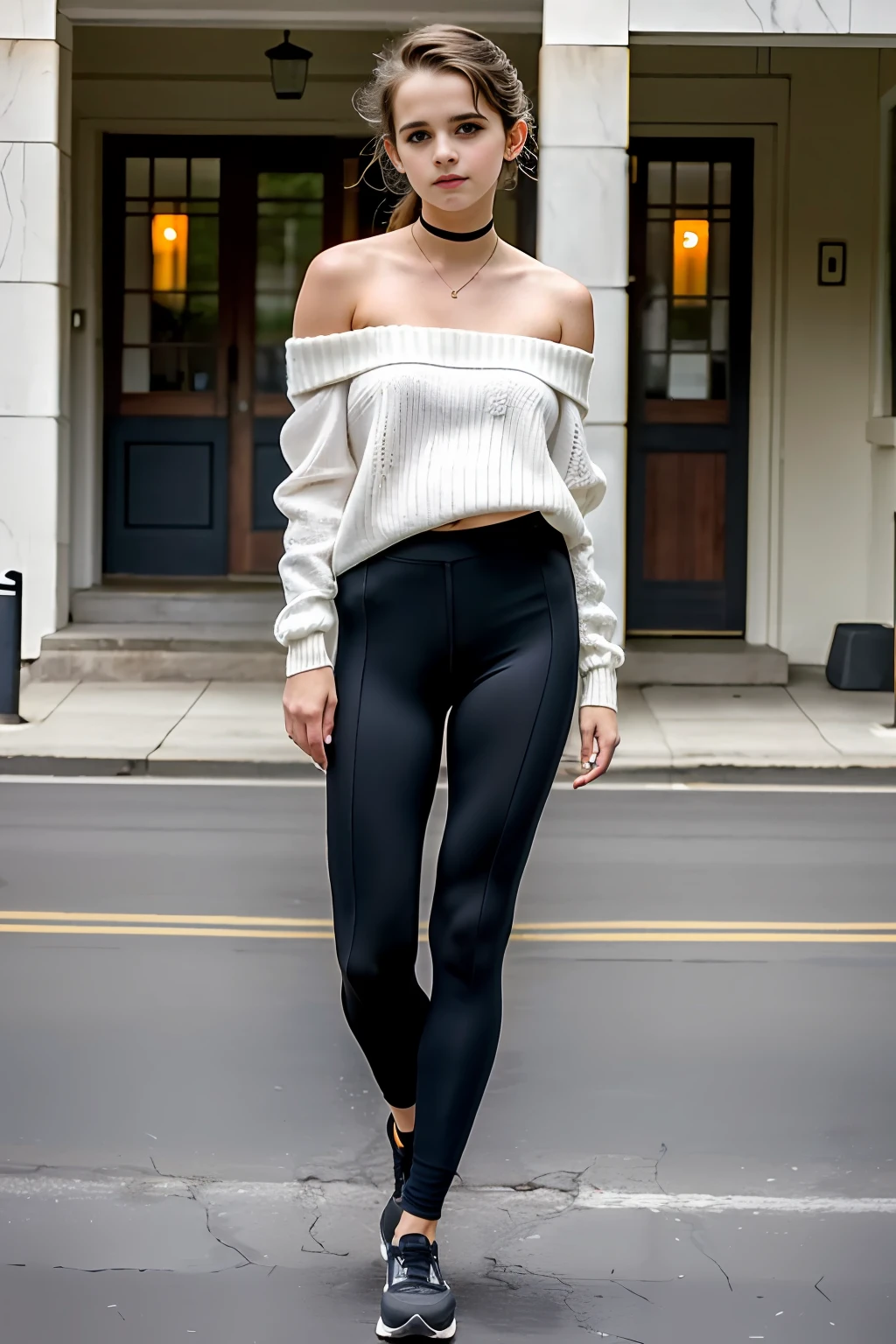(best quality, masterpiece: 1.2), (PHOTOREALISTIC: 1.8), city sidewalk, young, (emma_watson), (bare_shoulders:1.00), (medium breasts), full body photo,full body, full body, centered, professional lighting, 50mm, headlight gallery, behance photography, incredibly detailed, sharpness, professional lighting, sharp focus, ANALOG, skin texture, skin pores, (high resolution scan:1.2), (offshoulder_sweater:1.00), Bold outfit, showing off tail and looking at the camera, perfect tail, lycra sports shorts