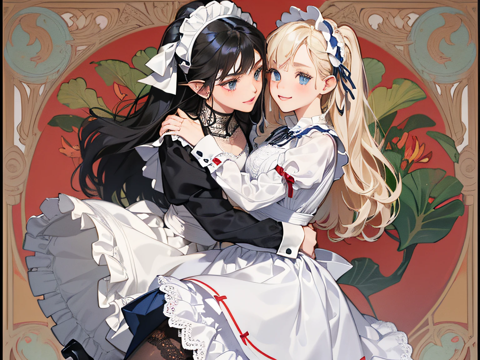 Two girls, Elf girl hugging and staring at human girl, Elven girl (full, platinum blonde,twin tails, blue eyes, smiling, maid in a long black dress (long sleeves, puff sleeves, white cuffs with sleeves, cuffs with one black button, white collar, skirt to heel length), white long apron dress (breastplate apron, length to the hem of skirt, Shoulder straps, white lace ruffles at shoulder straps, large ribbon knotted at the back), red ascot tie, head headband with white lace ruffles, white stockings, white panniers (lace hem of panniers), black enamel shoes (high heels)), human girl (full body, black hair, ponytail, with a slightly embarrassed look, short maid outfit in a solid white dress (short sleeves, puff sleeves, White cufflinks on the sleeves, 1 black button on the cuffs, white collar, thigh length skirt), white short apron dress (apron with breastplate, length to hem of skirt, shoulder straps, white lace ruffles at shoulder straps, large ribbon knotted at the back), dark blue string tie, head headband with white lace ruffles, black stockings, white panniers (lace at the hem of the panniers), White enameled shoes (high heels), Mucha style background with white lilies scattered