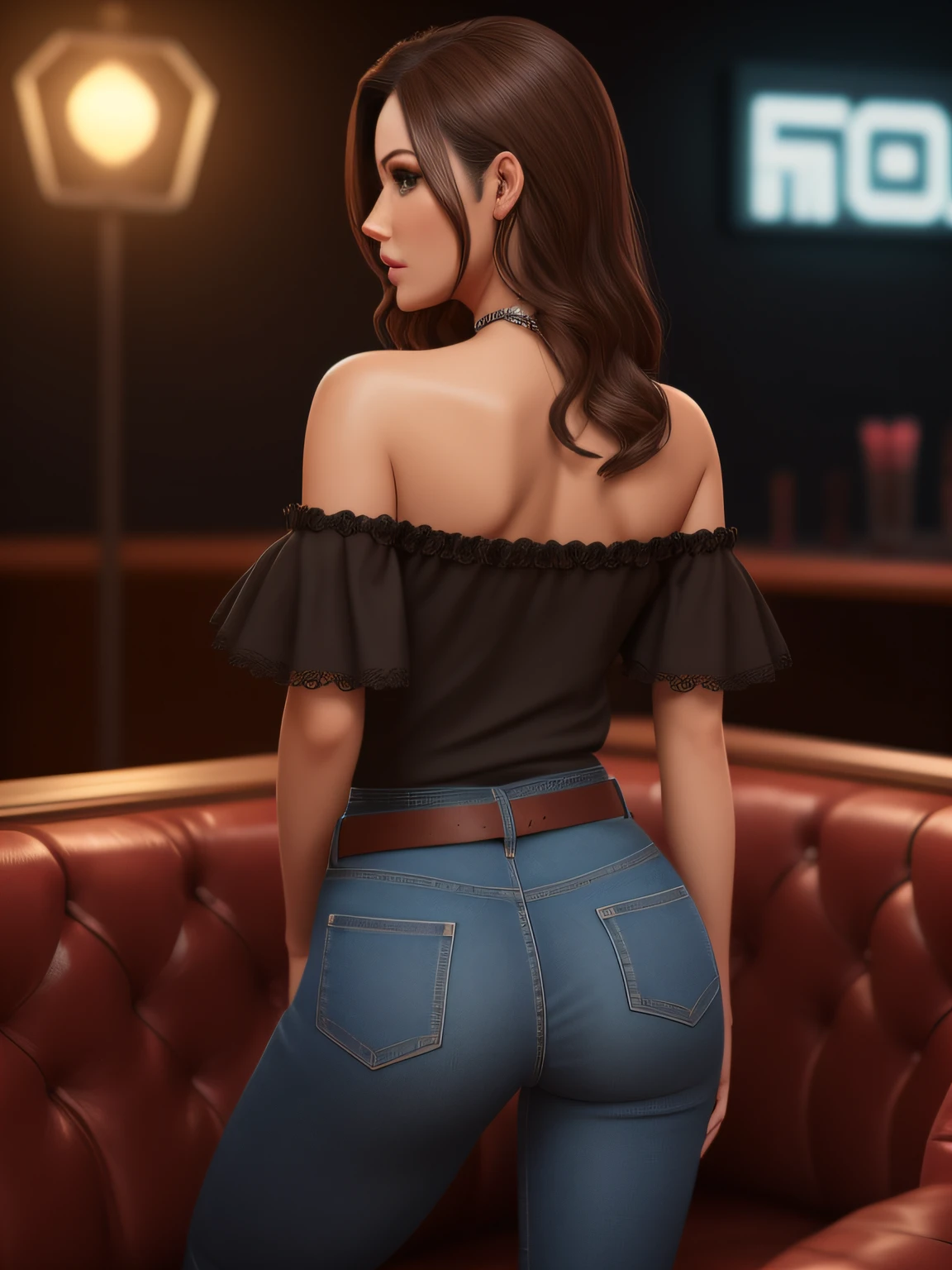 8K, Cinematic, Perfect and realistic 30 year old model with perfect and detailed face, brown hair and sexy look, detailed frilled off the shoulder top, tight jeans and belt, kneeling, the ass well detailed, night club scene