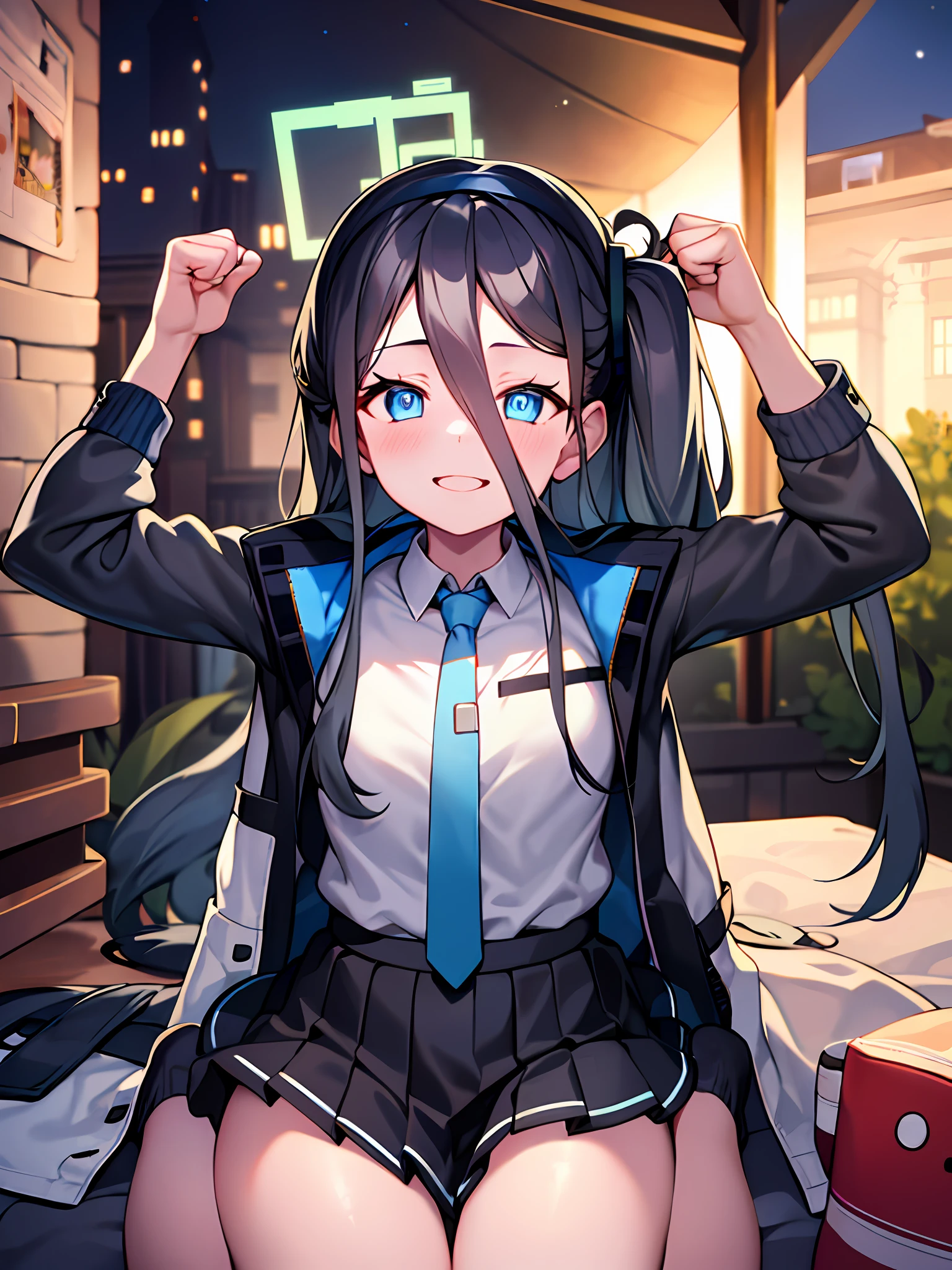 pureerosface_v1:0.66), best quality, ultra high definition, (photorealistic: 1.4), one girl, fine eyes, dark-eyed makeup, slim waist, blush, K-pop idol, (charm: 1.0), fine-eyed makeup, puffy eyes, solo, perfect ???????, (big), (slender), (black hair: 1), (watch viewers). (original_alice), (light blue tie), (marine blue eyes), (zhuo),(alice_halo:0.7),(blue halo),(smile),(happy),(pigtails),(long hair),(long bangs),(blue archive),(black hair band),(long coat),(school uniform),(white long-sleeved shirt),(pleated skirt),(navy blue skirt), depth of field, facial details, skin luster, beautiful eyes, dark eye makeup, slim waist, blush, fine eye makeup, solo, perfect ???????, arms up, fist clenching, serious, sitting, night, room.