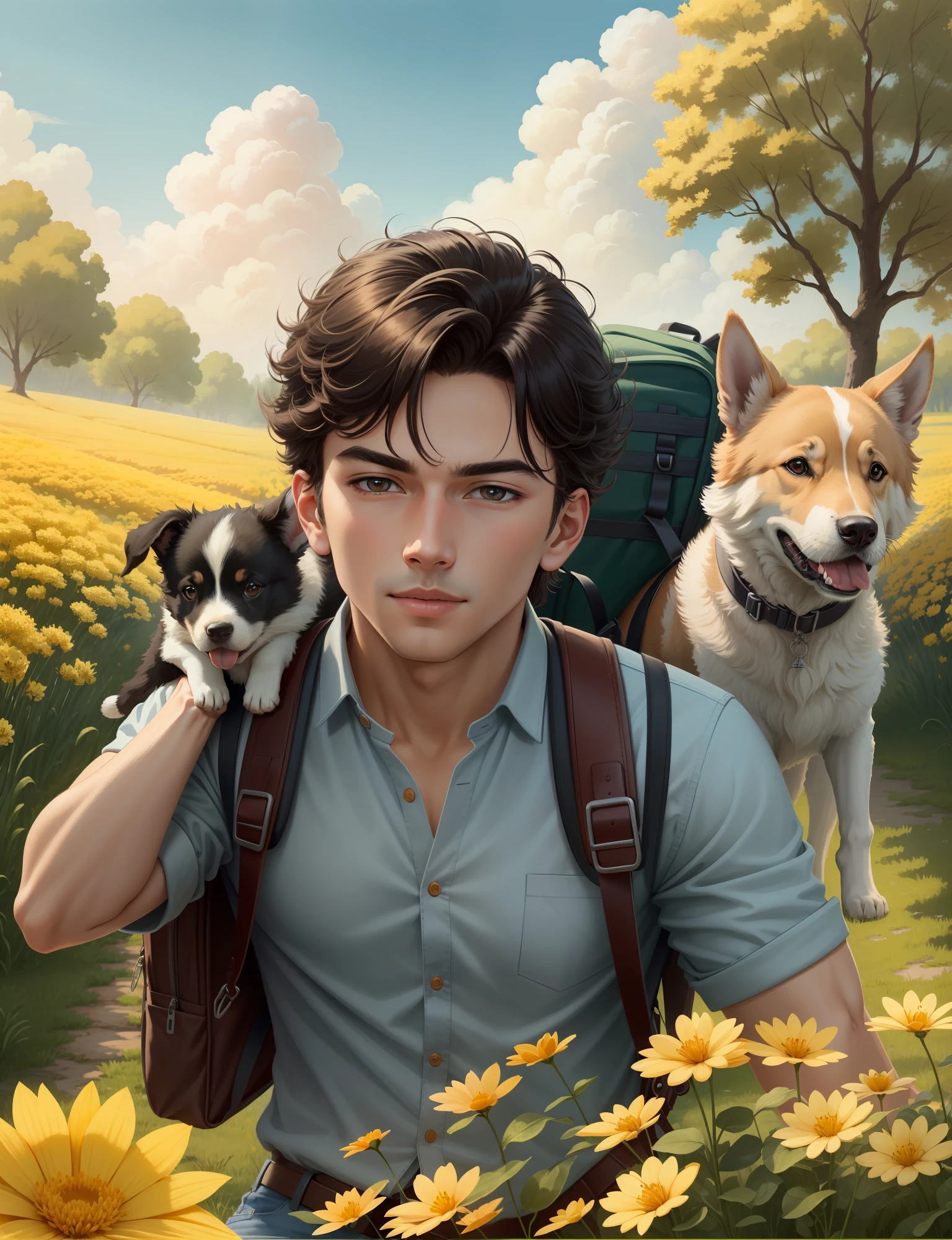 A very handsome boy with a backpack on his back and his cute puppy enjoying a cute spring outing surrounded by beautiful yellow flowers and nature. The illustration is a high-definition illustration in 4K resolution with highly detailed facial features and cartoon-style visuals.