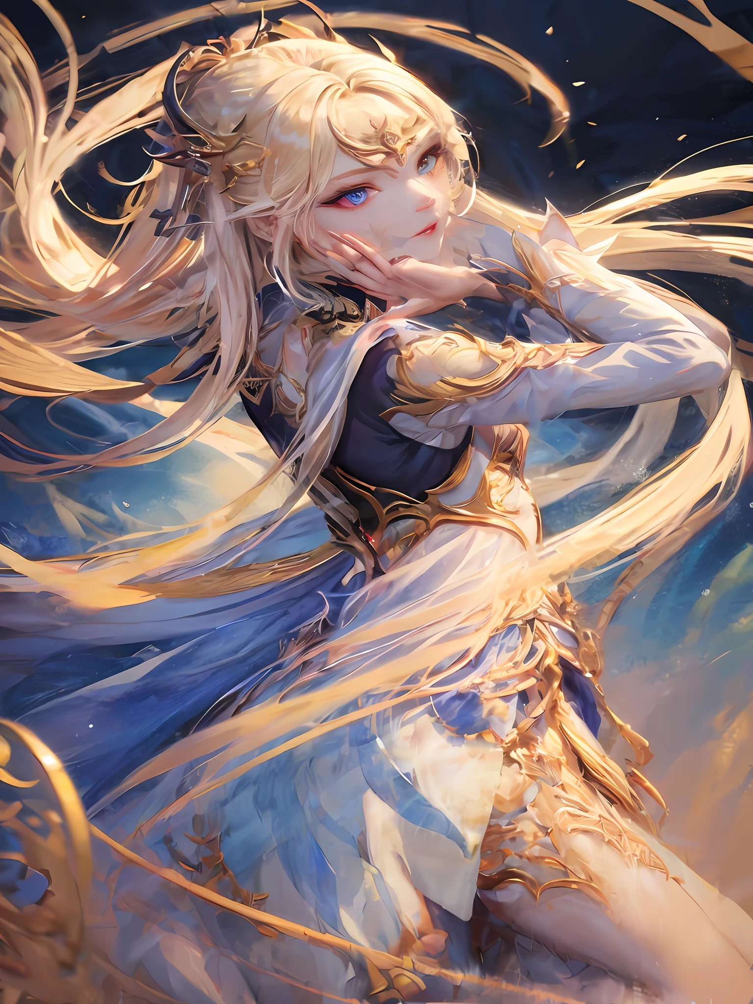solo, Qianyue Xue, full body, yellow hair, (masterpiece, topquality, bestquality, officialart, beautifulandaesthetic:1.2), (1girl:1.3), long hair, extremely detailed, colorful, highestdetailed, ( watercolourpainting: 1.3), opticalmixing, playfulpatterns, livelytexture, richcolors, uniquevisualeffect