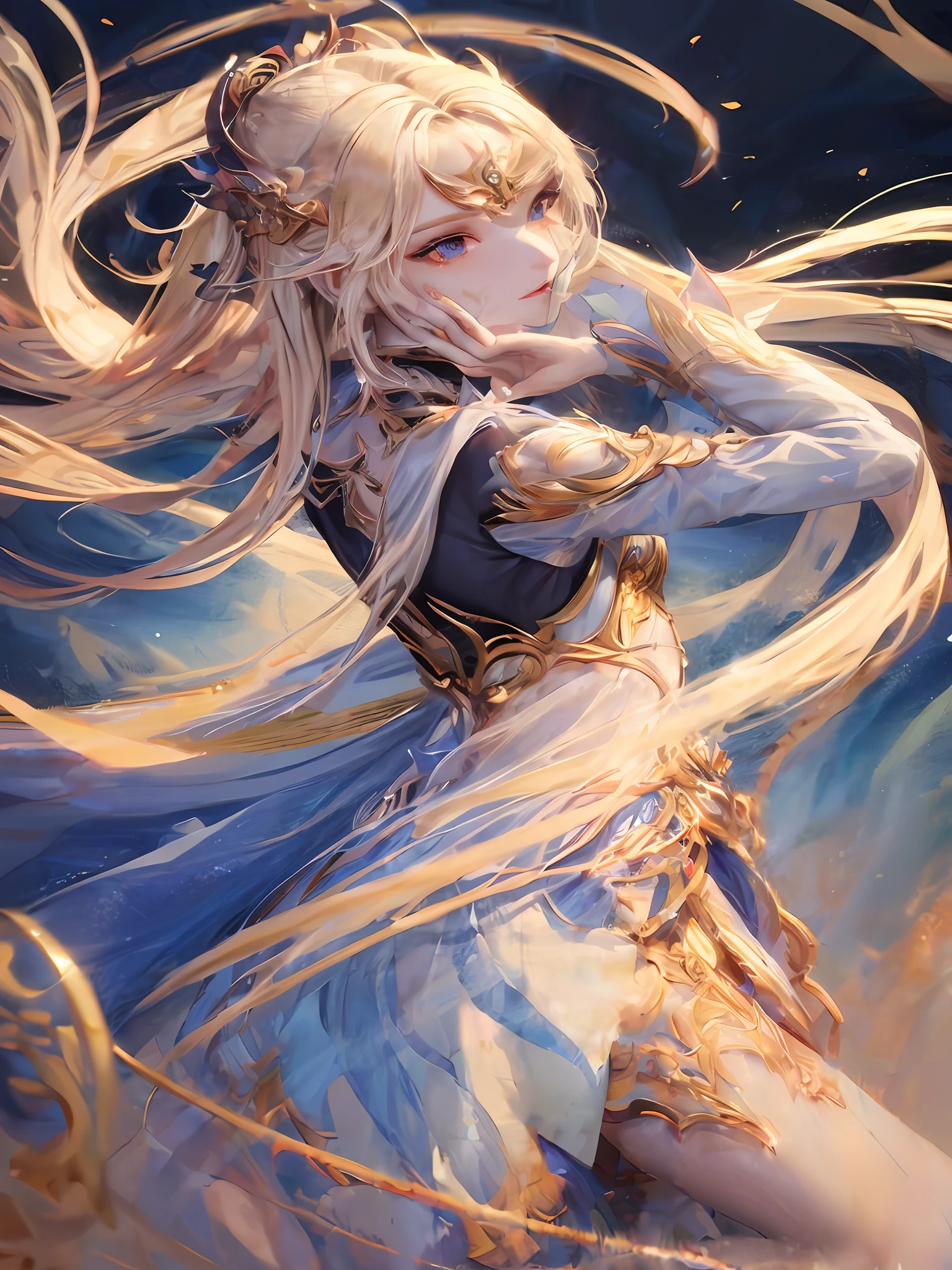 solo, Qianyue Xue, full body, yellow hair, (masterpiece, topquality, bestquality, officialart, beautifulandaesthetic:1.2), (1girl:1.3), long hair, extremely detailed, colorful, highestdetailed, ( watercolourpainting: 1.3), opticalmixing, playfulpatterns, livelytexture, richcolors, uniquevisualeffect