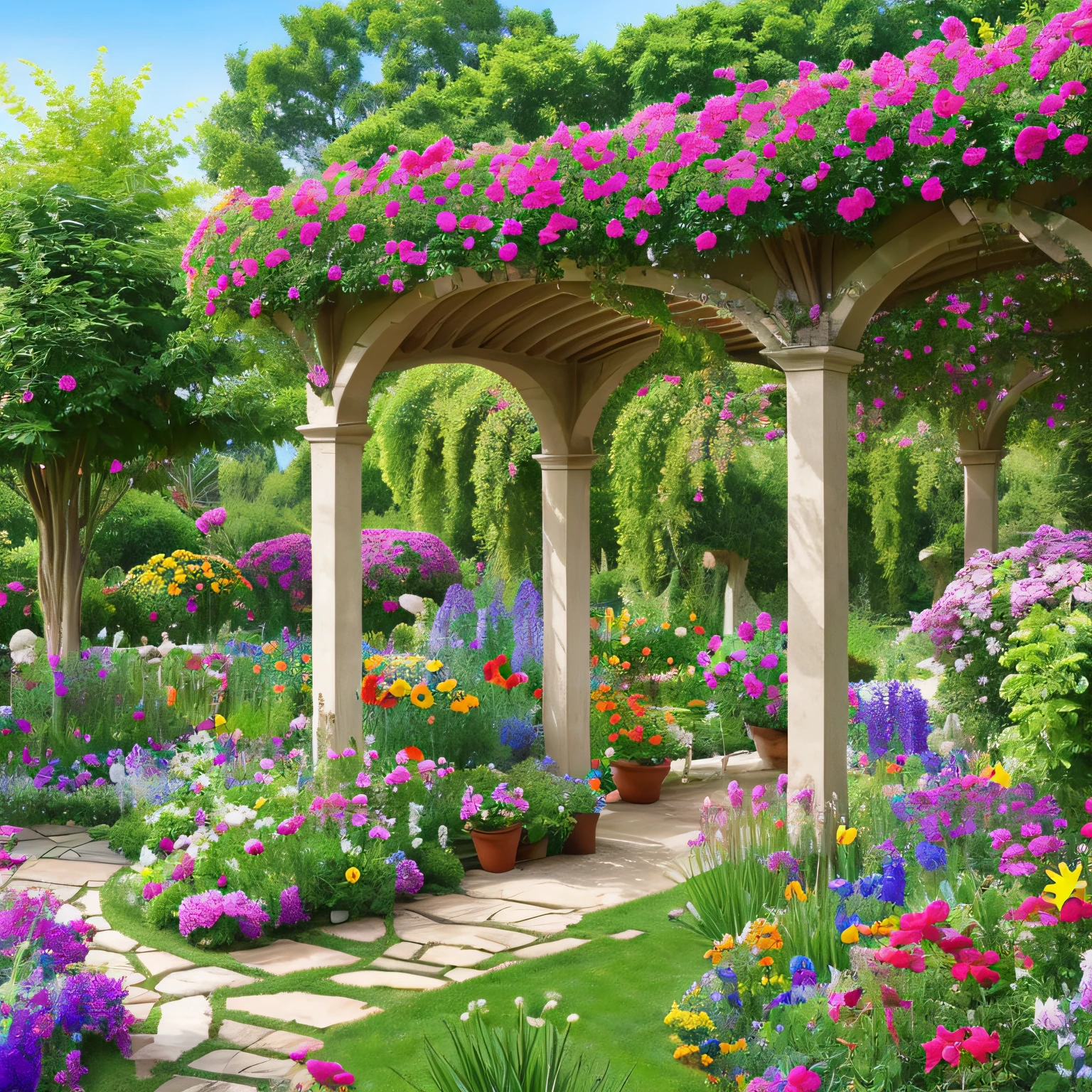 a large garden with many colorful flowers of various sizes, with butterflies
