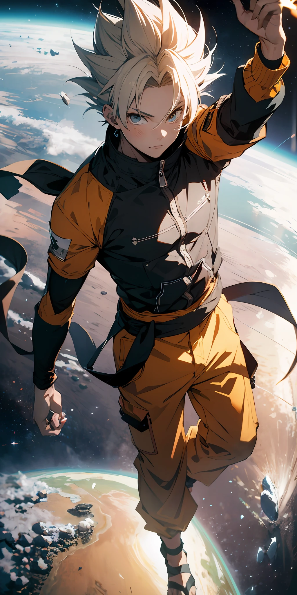 absurd resolution, high resolution, (masterpiece: 4.1), ultra-detailed, 1 boy having the characteristics of midoria, Goku and Naruto, from above, space, floating