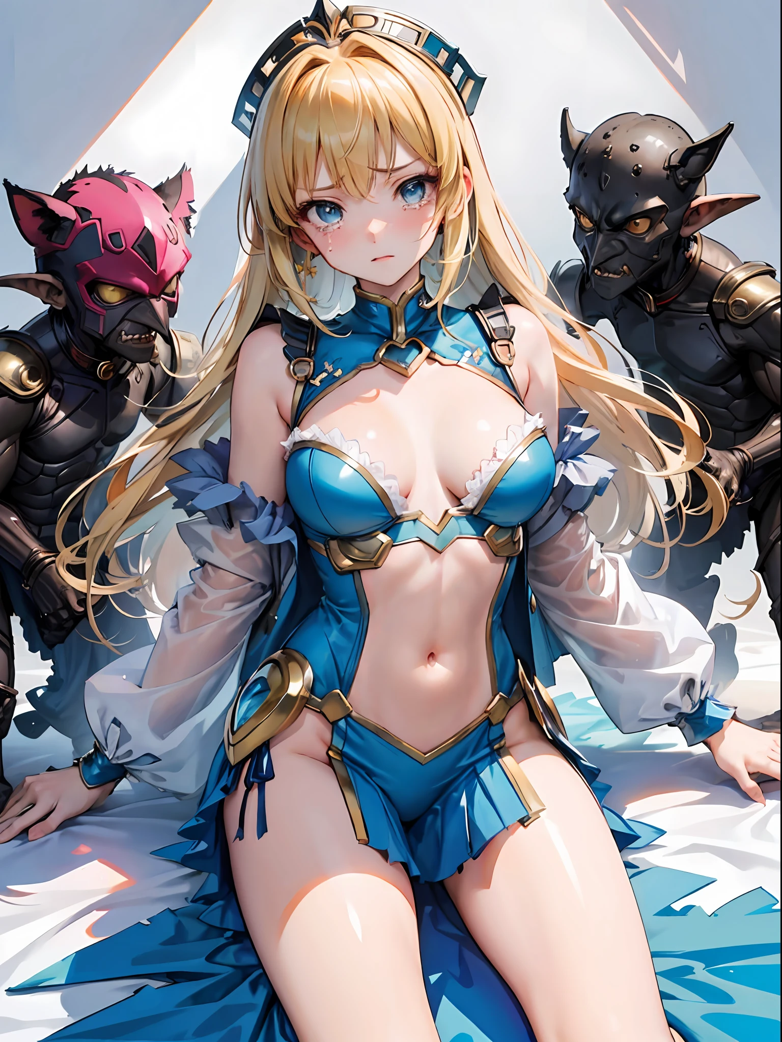 NSFW, masterpiece, Best quality, Ultra high definition, Highest resolution, Very detailed, Professional lighting, anime, one girl, slender, very cute, young face, hands restrained, armored dress, blue and white armor, white innerwear, golden decoration, torn clothes, wet clothes, sheer clothes, fluffy breasts, blond hair, blue eyes, crying, tears, lying down, open legs, raising legs, cleavage, (multiple goblins: 1.5), Attacked by Goblins, In the Woods ((Top Quality, 8K,)) 1 Woman, Blonde Hair and Red-Eyed Anime Girl, Anime Girl Named Lucy, Portrait of a Female Anime Hero, Female Anime Character, Zodiac Girl Portrait Knight, Artoria Pendragon, Hajime Yatate, Symphogear, Giorno Giovanna