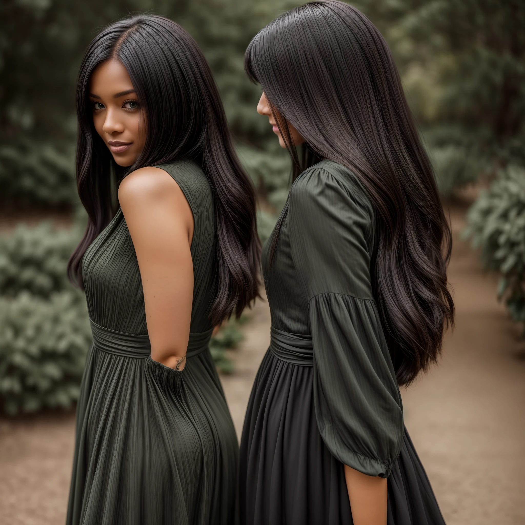 White woman, straight black hair, in black and green dress
