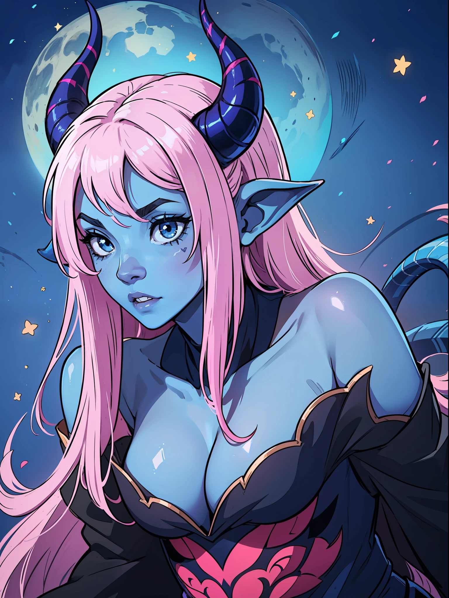 a beautiful pink woman like a devil demon with pink pink skin and long white hair that goes to the ground make her like a sorceress in a setting full of magic and mystery a character for medieval rpg, her skin is blue as in avatar, horns and pointed tail like a demon, blue skin, blue skin color, cobalt blue skin, blue skin like in the movie avatar
