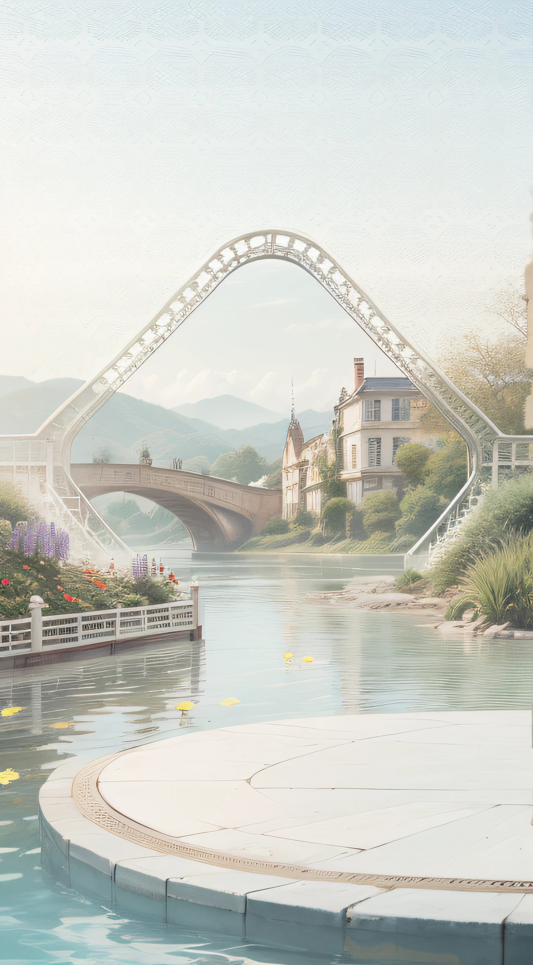 HD 4K There is a platform in the water, behind the railing, and outside the railing, there are some flowers and plants, and behind it is an arch bridge, and behind the bridge is an arch, and there are flowers and plants, and the whole is antique and yellow --auto