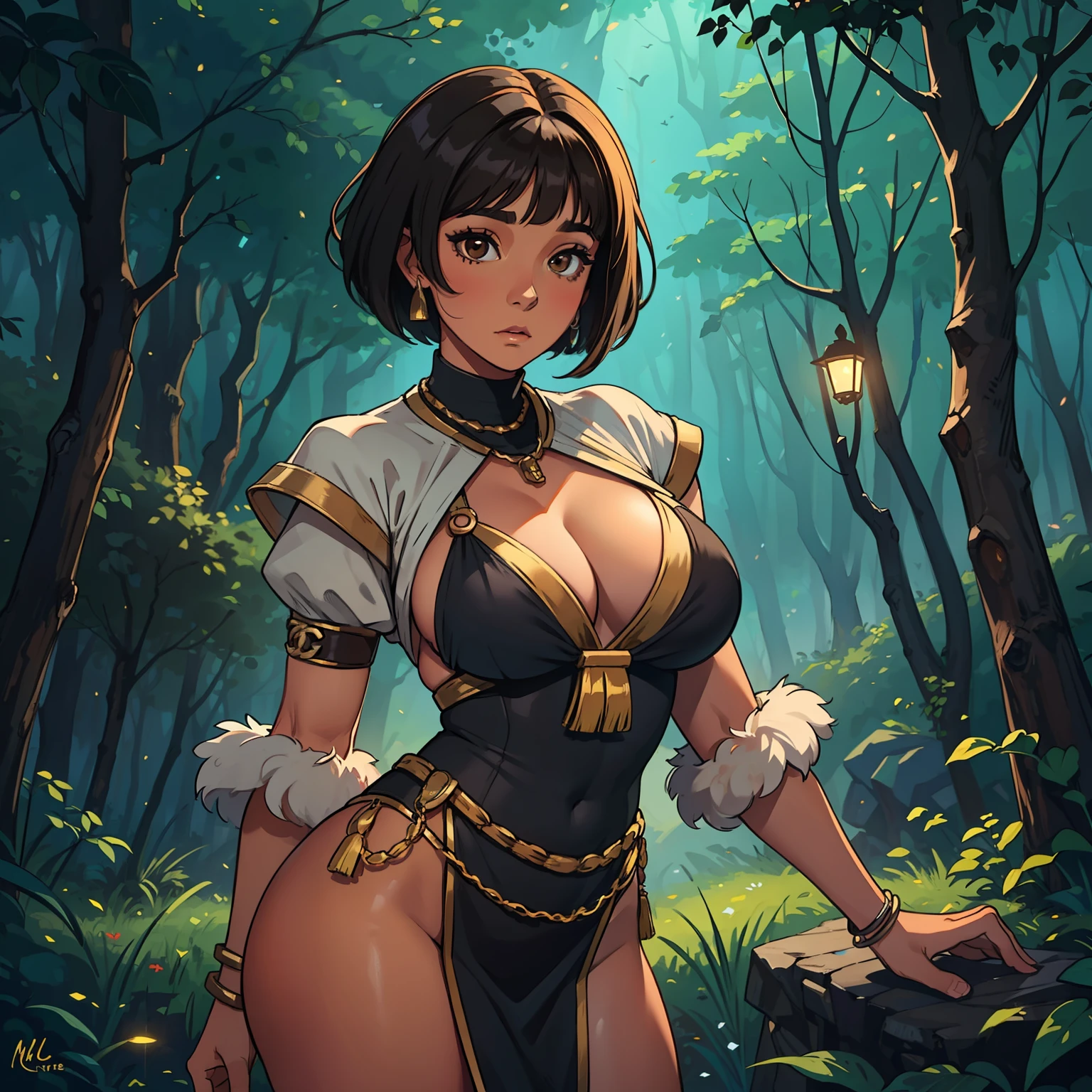 A beautiful Latina woman, indigenous to a wild tribe, she has brown skin, straight black hair, Chanel cut, short hair, smooth Chanel hairstyle, and brown eyes, this woman has a curvy body and is wearing wild medieval costumes amid a magical forest filled with magic, contour lights, and cinematic lights.