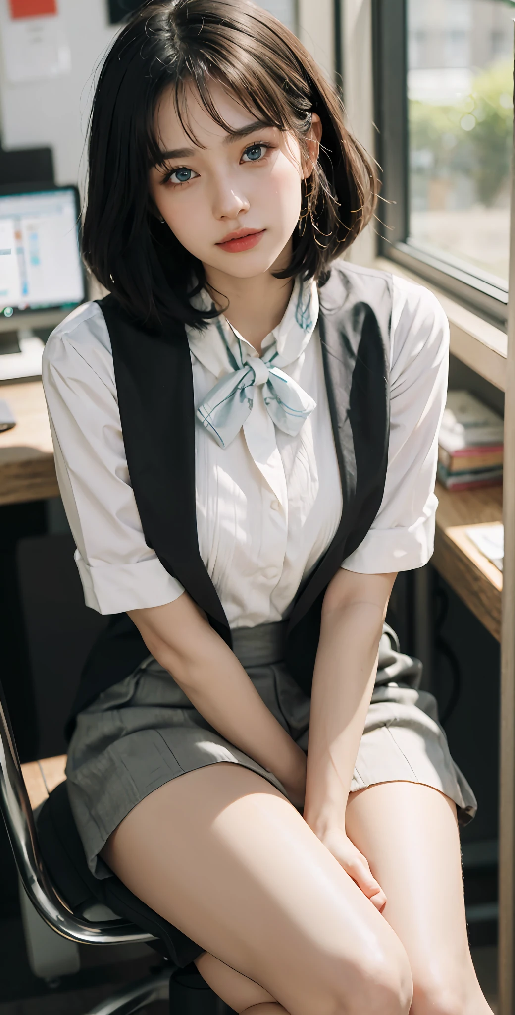 (RAW, best quality, masterpiece:1.5), (photo realistic, intricate details:1.2), ultra highres, absurdres,
1girl, beautiful face, blue eyes, green eyes, detalied eyes, symmetric eyes, light on face, nose blush, short hair, hair bun, black hair tie, 
clk, vest, suit, pencil miniskirt, white shirt, silk scarf, black pantyhose, [:20d, :0.8],
smile, small dimples, sexually suggestive, 
medium breasts, slim waist, slim legs, long legs,
sitting on chair in front of desk, perfect body, good proportions,
looking at viewer, 
(office, indoor, hyper detailed background:1.2), japan, copy machine, file cabinet, computer, monitor,
shiny skin, real skin texture, 
natural lighting, best lighting, detailed background, detailed shadow, sharp focus, depth of field f/2,
saturated, high contrast, strong light and shadow