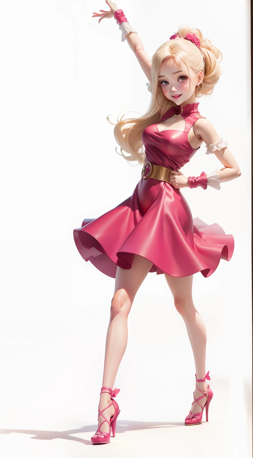 anime, manga style, barbie doll in style, with light hair, happy face. red cheeks, young, white skin, big pink lips and cute, brown eyes, mini pink dress well tight to the body recucing the breasts, , best quality --auto --s2