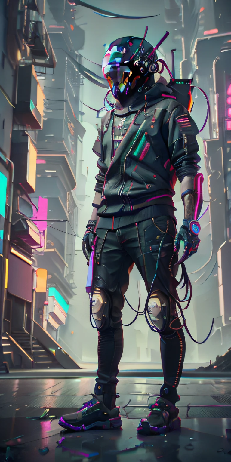 (masterpiece, full-body shot, intrincate raw photography)cyberpunk citizen in oversize techwear, using a black astro daftpunk style helmet, neon light details, intrincate, futuristic, sharpness, ramdom pose, cyberpunk city, street neon lights, insta pic, photo of the year, octane render, substance, maya 3d, cinema4d, artstation trending, devian art trend,