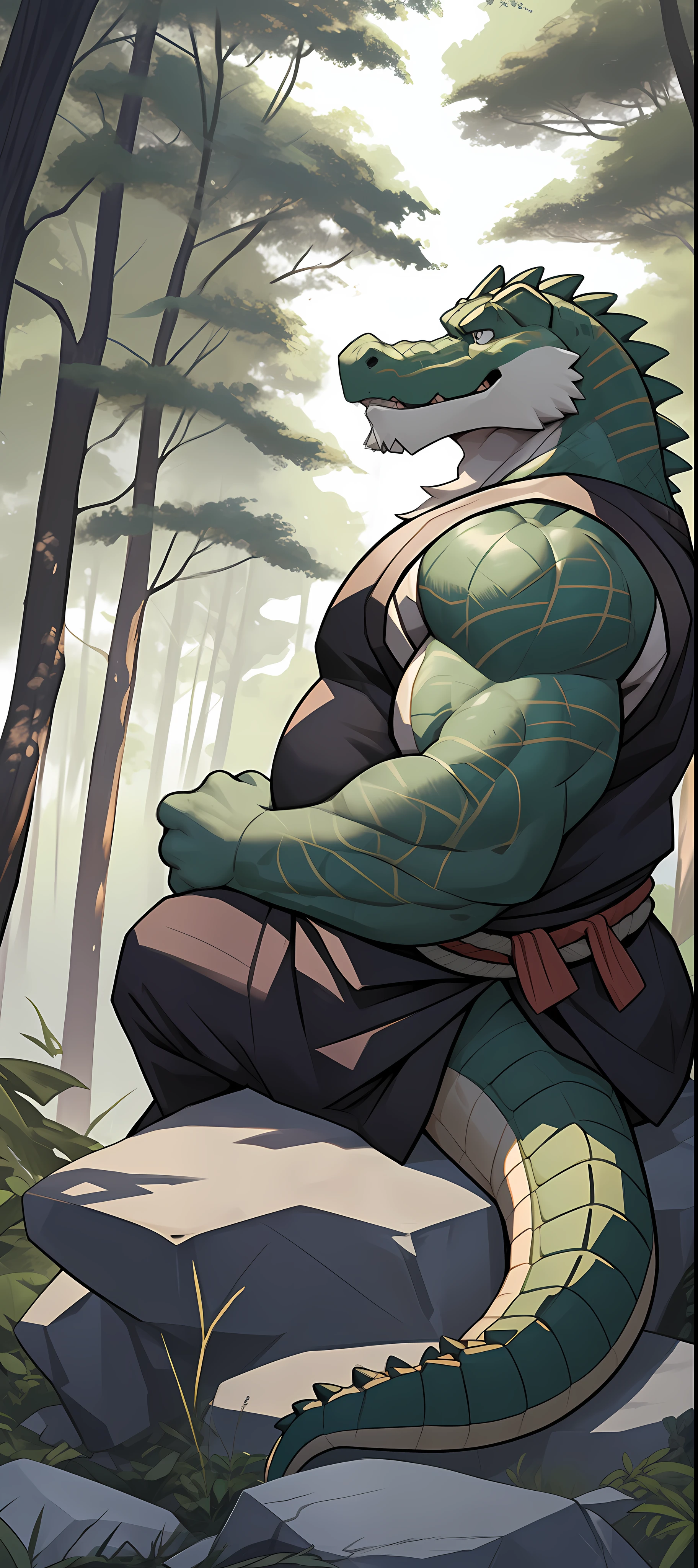 anthro, male, old chubby alligator, green Alligator, (detailed eyes), detailed clothing, big fat. overweight, white beard, Samurai clothes, forest background, winding, sitting meditation on big rock (wild_long_Beard), (mustache), pov right side view, big alligator tail, (pov point to View),