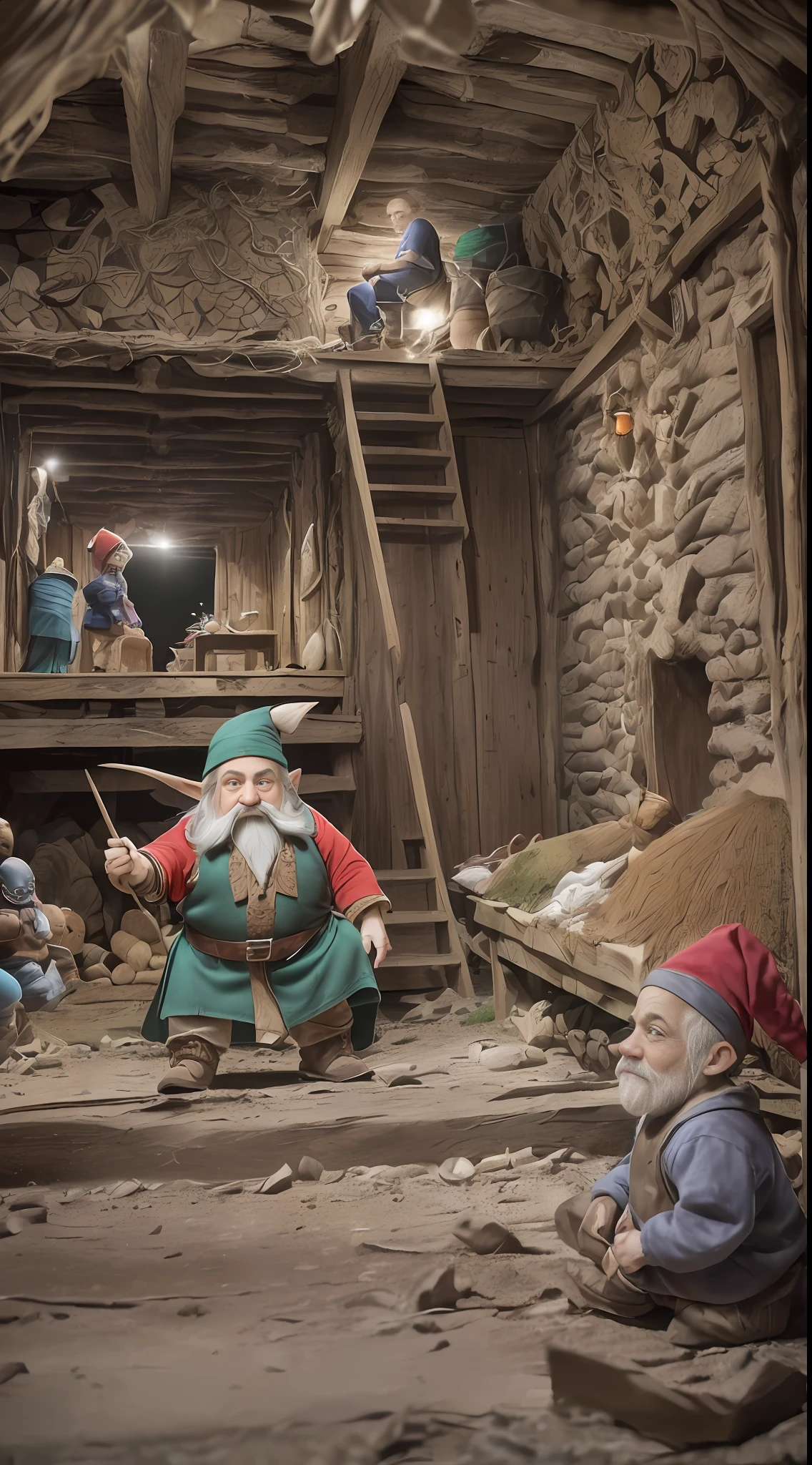 ((((The dwarves are small, so the scenery around and things are very big)))), Dwarves, ((Dwarf), ((Living in a super comfortable wooden house in a forest cave)), (((Working in an underground mine)), collecting deer shed hair to lie in bed, small man, well-made clothes made of hemp, Nordic, blue eyes,  full body, exotic fairy gnomes, small body, dynamic pose but look away from perspective, (archaic clothes), (collecting fallen animal hair), the right arm and hand of the character are soft spells, (the costumes are imposing but modest), HDR, high resolution, 16:9 ratio, (thin eyes and facial expressions), uneven gray hair, gentle eyes --auto --s2