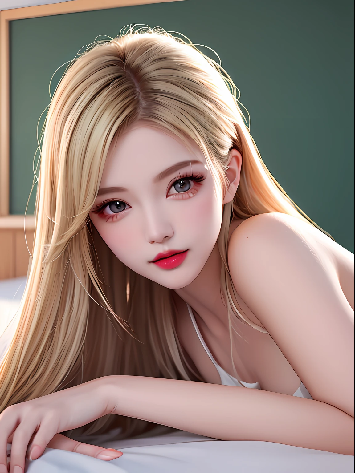 (((female teacher lying in bed)))v6, (v6,)(long blonde white hair)), full body naked, visible, first-class, ultra hd, raw photography, realism 1.25), (bright lip gloss, long eyelashes, smooth) face, bright skin, natural shadow, wide light, wide light, depth of field, intense color, subtle caustics: 0.8), slender lower body, (absurd, high resolution, ultra-detailed), sexy pose,