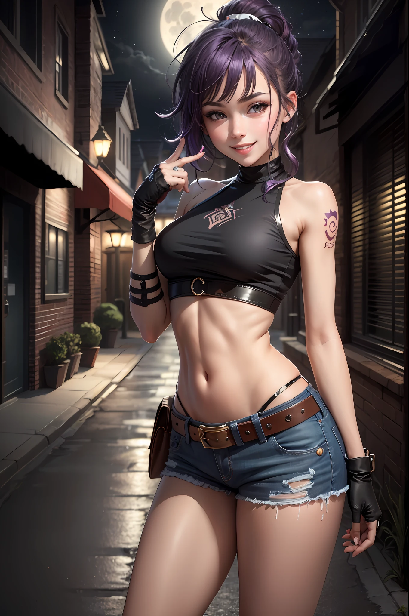 (masterpiece, best quality), 1girl, ponytail, grin, confident, violet hair, tattoos, ((black crop top)), denim shorts, brown eyes, fingerless gloves, night street, moonlight, belt, detailed eyes,