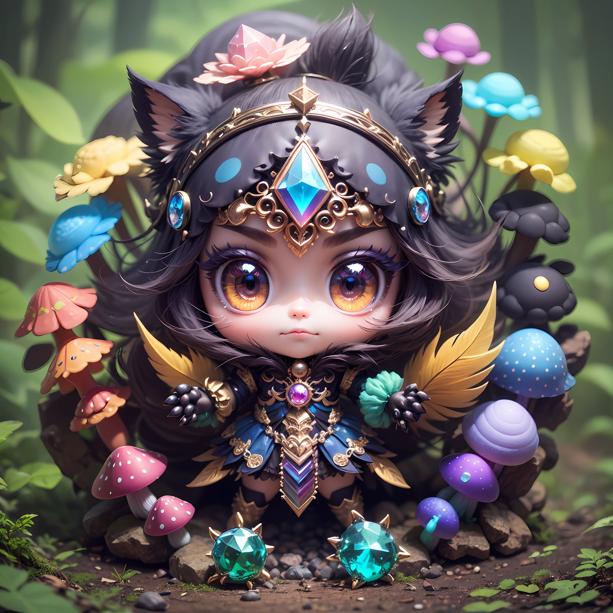 ((4 eyes kokkoni cute (very tiny monster) have rainbow colorful body, claws hands,leather feather skin): add crystal gem,cube,mushrooms,chaos,yin yang, magical ),(super cute effect),(chibi),(3m sticker collection:1.0),lay in the forest, (hip hop freestyle),(random zodiac).(185m.m), high resolution,(3d toy),full hd, uhd, 8k, intricate details ,high images quality --auto --s2