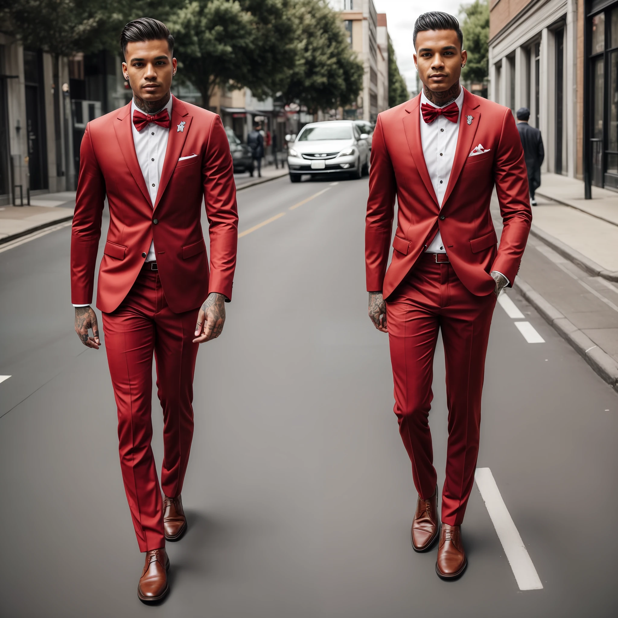 Man in red suit with tattoos, walking down the street full body