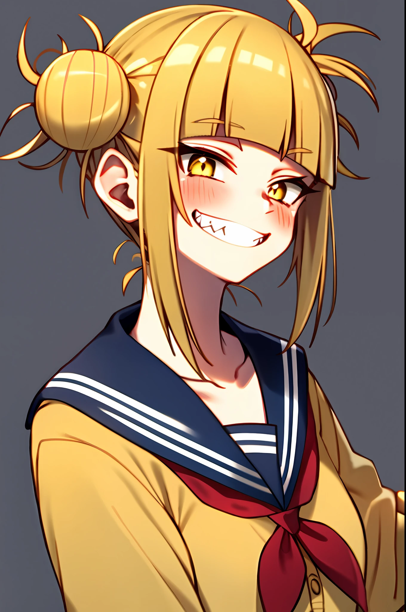 horikoshi kouhei, toga himiko, boku no hero academia, 1girl, bags under the eyes, bangs, blonde hair, blue sailor collar, blunt bangs, blush, cardigan, double bun, smile, hair bun, hand up, happy, long sleeves, looking at the viewer, messy hair, neckline, red neckline, sailor collar, sanpaku, school uniform, serafuku, short hair, locks, cut pupils,  smile, sharp teeth, soil, upper body, v, Yellow Cardigan, Yellow Eyes, ((Masterpiece))