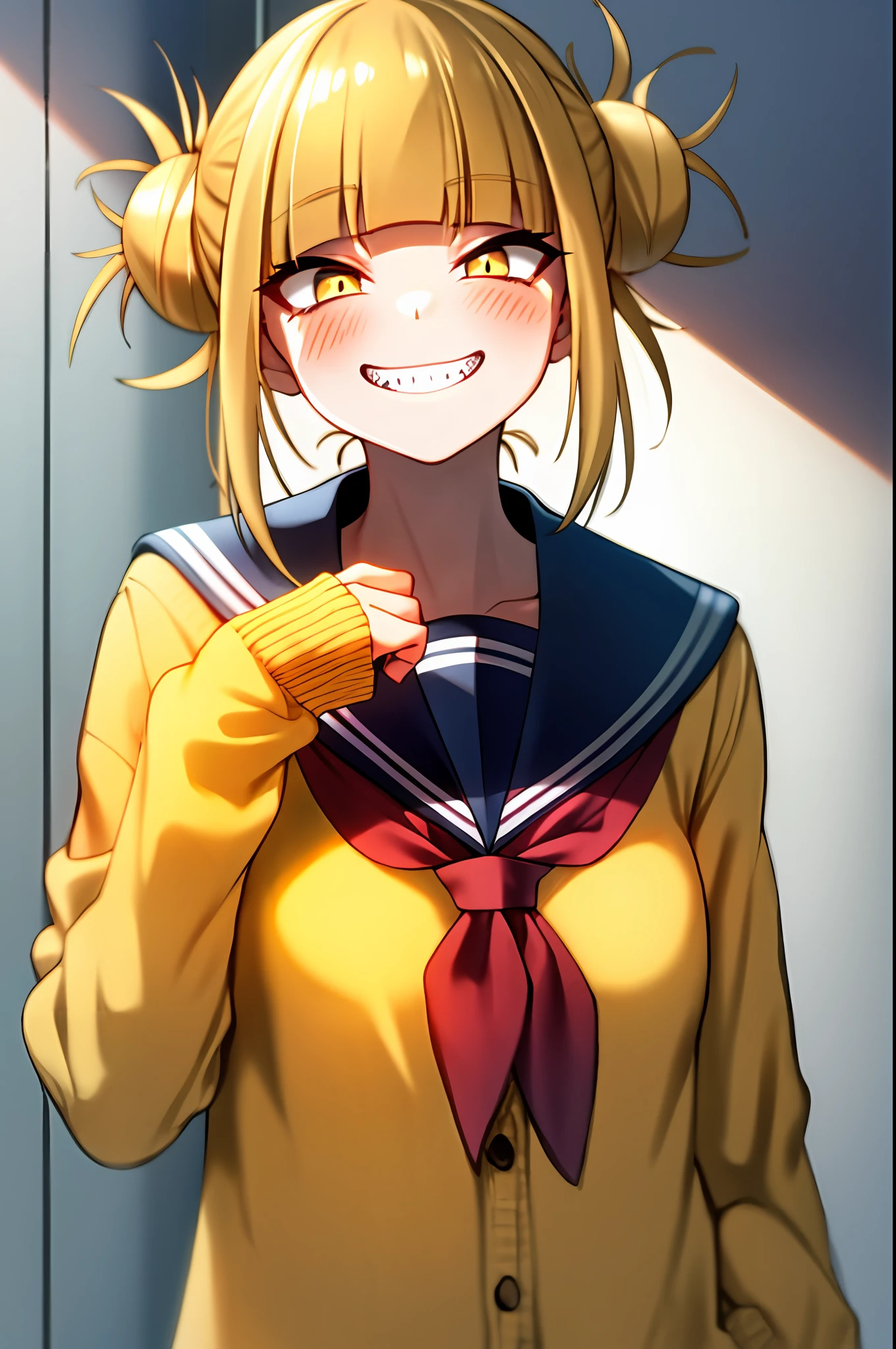 horikoshi kouhei, toga himiko, boku no hero academia, 1girl, bags under the eyes, bangs, blonde hair, blue sailor collar, blunt bangs, blush, cardigan, double bun, smile, hair bun, hand up, happy, long sleeves, looking at the viewer, messy hair, neckline, red neckline, sailor collar, sanpaku, school uniform, serafuku, short hair, locks, cut pupils,  smile, sharp teeth, soil, upper body, v, Yellow Cardigan, Yellow Eyes, ((Masterpiece))