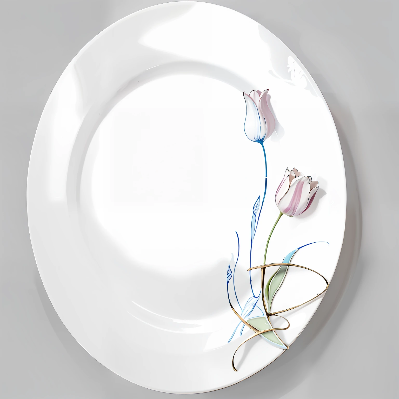 there is a white plate with a flower design on it, plate, plates, fine china, porcelain, full plate, thin porcelain, dish, ceramic, simple elegant design, botanic, art deco, e621, magnificent design, tulip, glass tableware, art - deco, art-deco, whimsical, artistic design, art nouveau, rosenthal, glazed ceramic