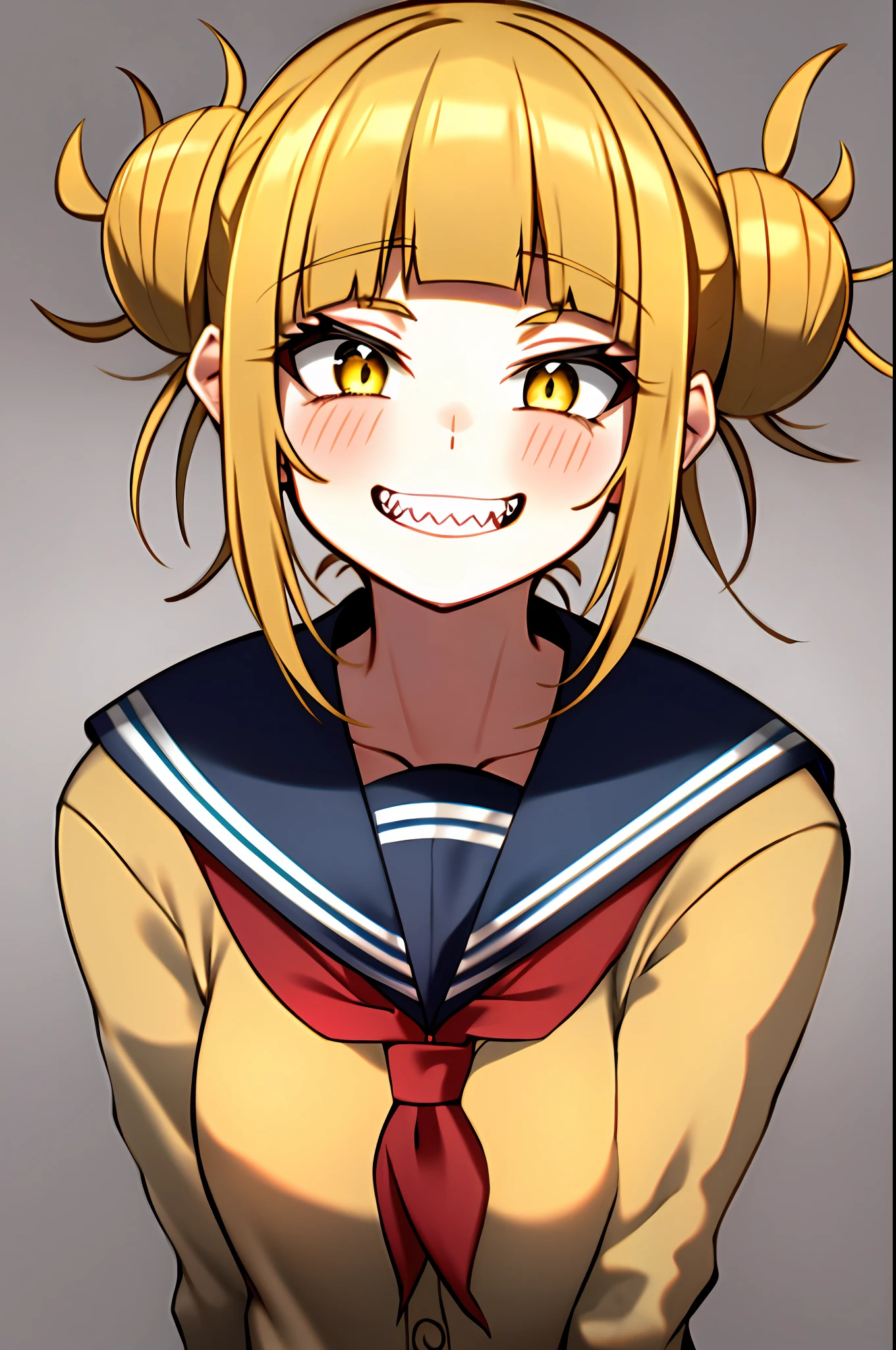 horikoshi kouhei, toga himiko, boku no hero academia, 1girl, bags under the eyes, bangs, blonde hair, blue sailor collar, blunt bangs, blush, cardigan, double bun, smile, hair bun, hand up, happy, long sleeves, looking at the viewer, messy hair, neckline, red neckline, sailor collar, sanpaku, school uniform, serafuku, short hair, locks, cut pupils,  smile, sharp teeth, soil, upper body, v, Yellow Cardigan, Yellow Eyes, ((Masterpiece))