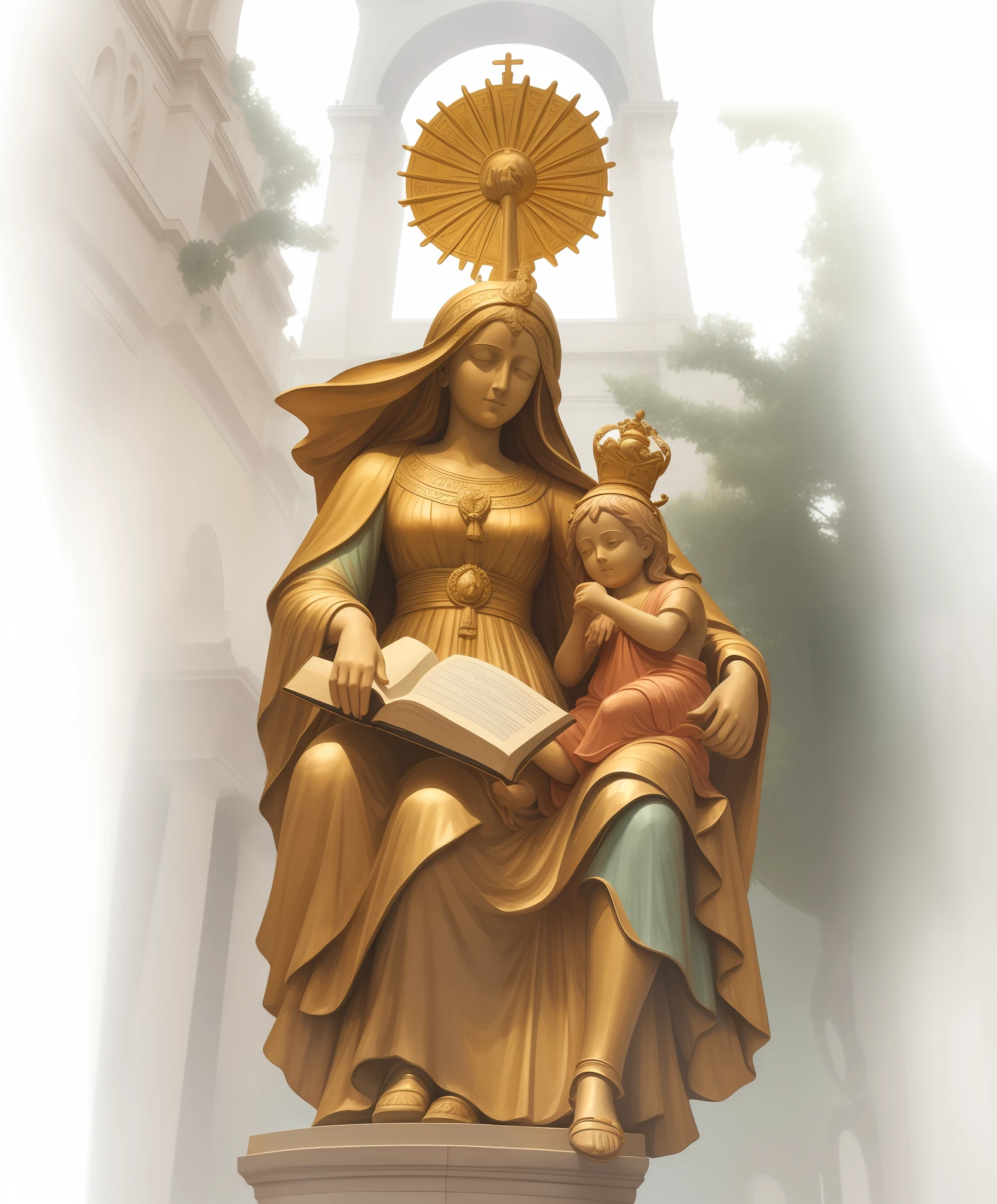 watercolor painting ada, Statue of a woman holding a book with the Jesus below looking and touching the same in front of the Arc de Triomphe with sant'ana in the middle of the arch, Mary in a sanctuary, queen of heaven, no things on top of her head, majestic woman of saint, Our Lady sant'ana, Religious sculpture, glorified image, holy, a colorful statue, holy woman, immaculately detailed, Goddess of wisdom, with two legs, open book, child with two arms --auto