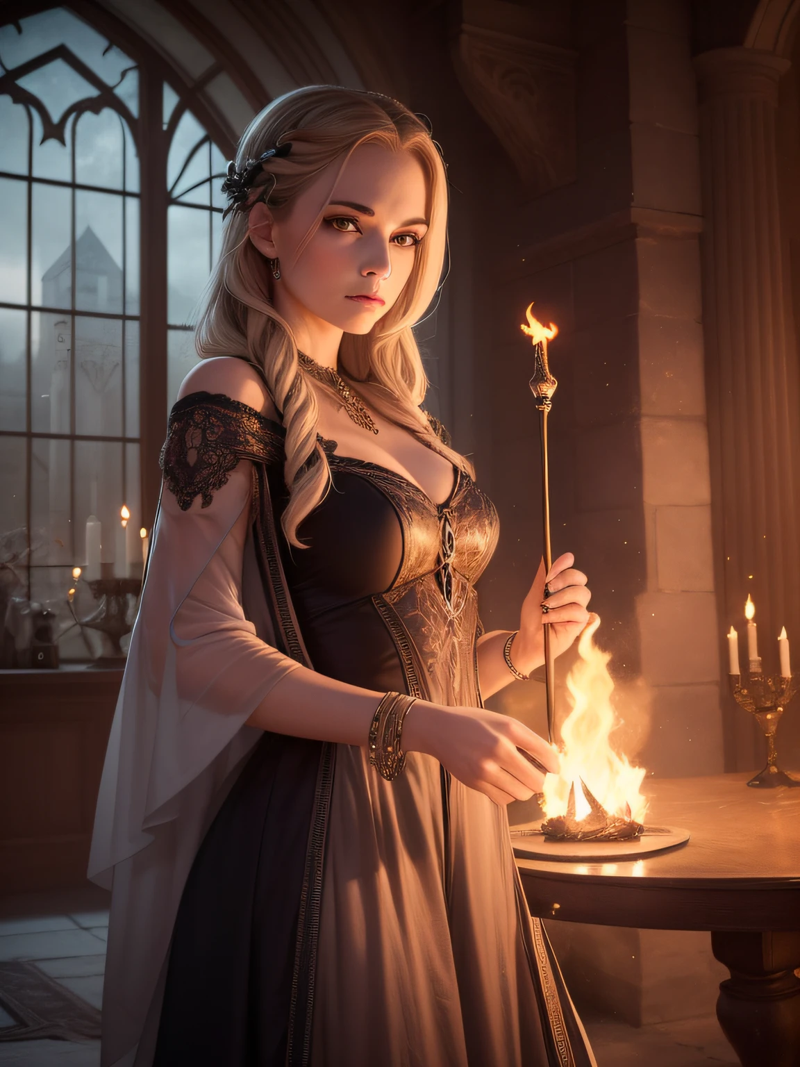 (Award Winning Digital Digital Artwork:1.3), (Masterpiece, Ultra-Detailed:1.3), scene where a beautiful magician harnesses the power of magic within a gloomy castle. Create an enchanting artwork that combines elements of mystique, darkness, and wonder. Position the magician as the central figure, radiating an aura of both beauty and mystery. Depict her with flowing robes adorned with intricate patterns and symbols, signifying her mastery of the arcane arts. Emphasize her elegance and confidence as she channels her magical abilities. Set the scene within the depths of a gloomy castle, with ancient stone walls and dimly lit corridors. Use a muted color palette, incorporating deep blues, purples, and hints of fiery reds to evoke an otherworldly ambiance. Enhance the sense of foreboding by adding subtle details like cobwebs, shadows, and flickering torches. Surround the magician with elements that hint at the magical forces she commands. Illustrate wisps of smoke and swirling flames that dance at her fingertips, illuminating her face with a mesmerizing glow. Incorporate crows perched on nearby ledges, symbolizing a connection to the mystical and the mysterious. Incorporate spiders in the scene, weaving their intricate webs within the castle's corners. Render their delicate yet eerie presence to add a touch of macabre and reinforce the atmosphere of magic and darkness. These details will heighten the sense of mystique and captivate viewers. Play with contrasts of light and shadow to create depth and drama. Utilize the flickering light from torches or the glow of magical fire to cast eerie shadows across the room. This interplay between light and darkness will enhance the overall atmosphere of the artwork. The beautiful magician within the gloomy castle, surrounded by crows, spiders, fire, and smoke, will evoke a sense of magic and mystery, inviting viewers to explore the depths of her mystical realm