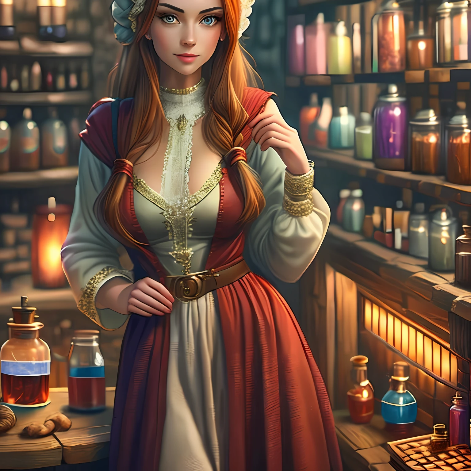 beautiful ginger women in detailed dress at cozy detailed potions shop, air above hair, IPA award wining, masterpiece, RTX maximum