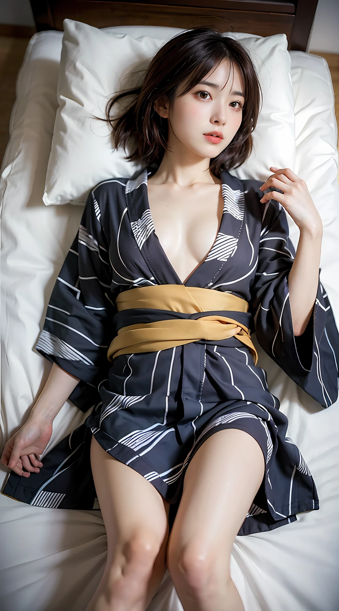 Top quality, photorealistic, 8k, high resolution, 1 girl, female, (medium breasts: 1.8), inn, yukata, no panties, ((Japan, no yukata, no bra)), bronze hair, slightly shorter hairstyle, slouched, (lying on your back on a futon)), legs open,