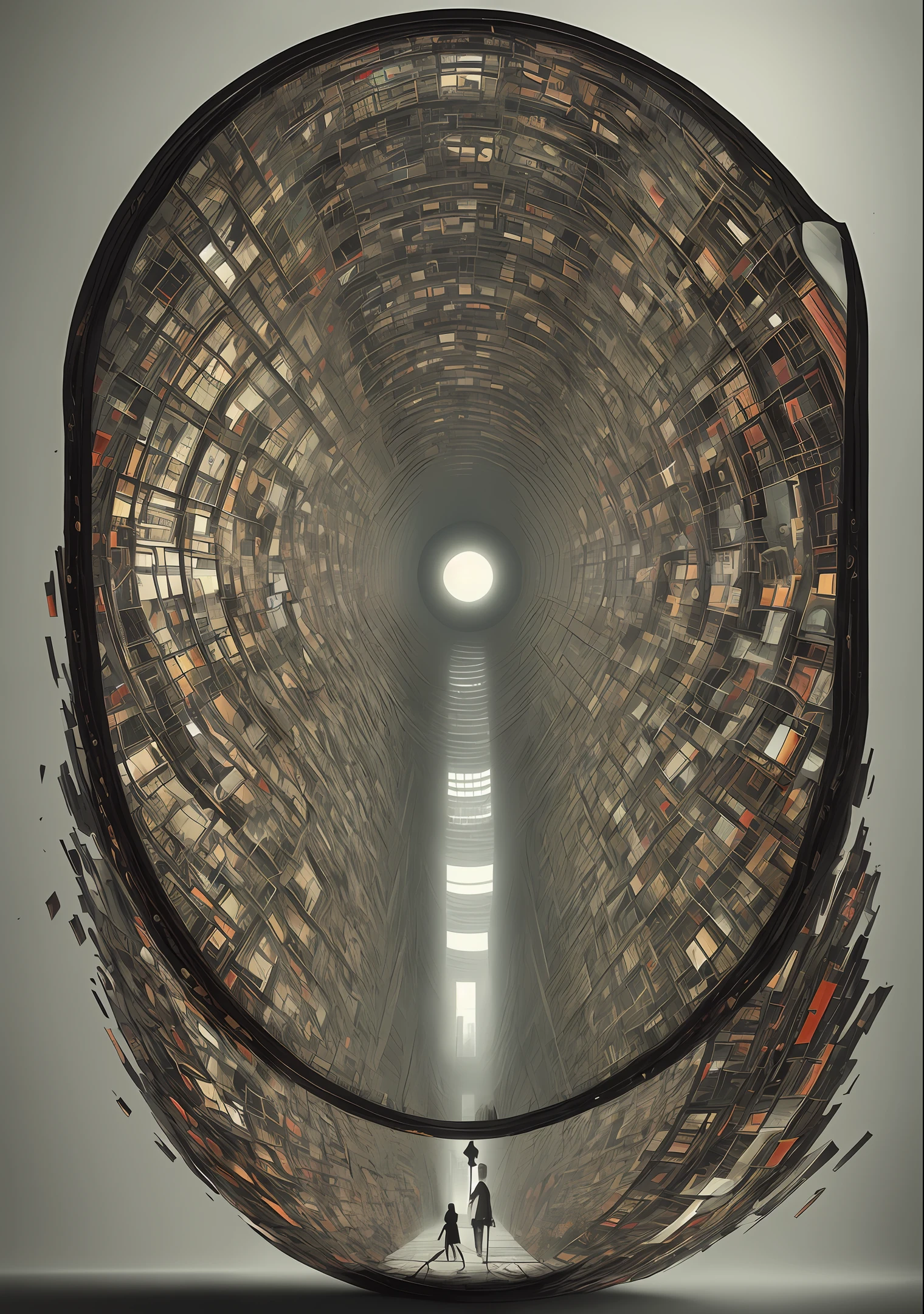 conceptual art, M.C Escher + Architectural Art + b/w photography by Pierre Verger / style fusion / A distorted and fragmented figure, composed of pieces of mirrors that reflect tormented faces, represents multiplicity and inner pain. / mystical and spiritual / dark tones, supernatural aspects, macro lens, surreal juxtapositions, Lovecraft, cosmic horror, terror 90s