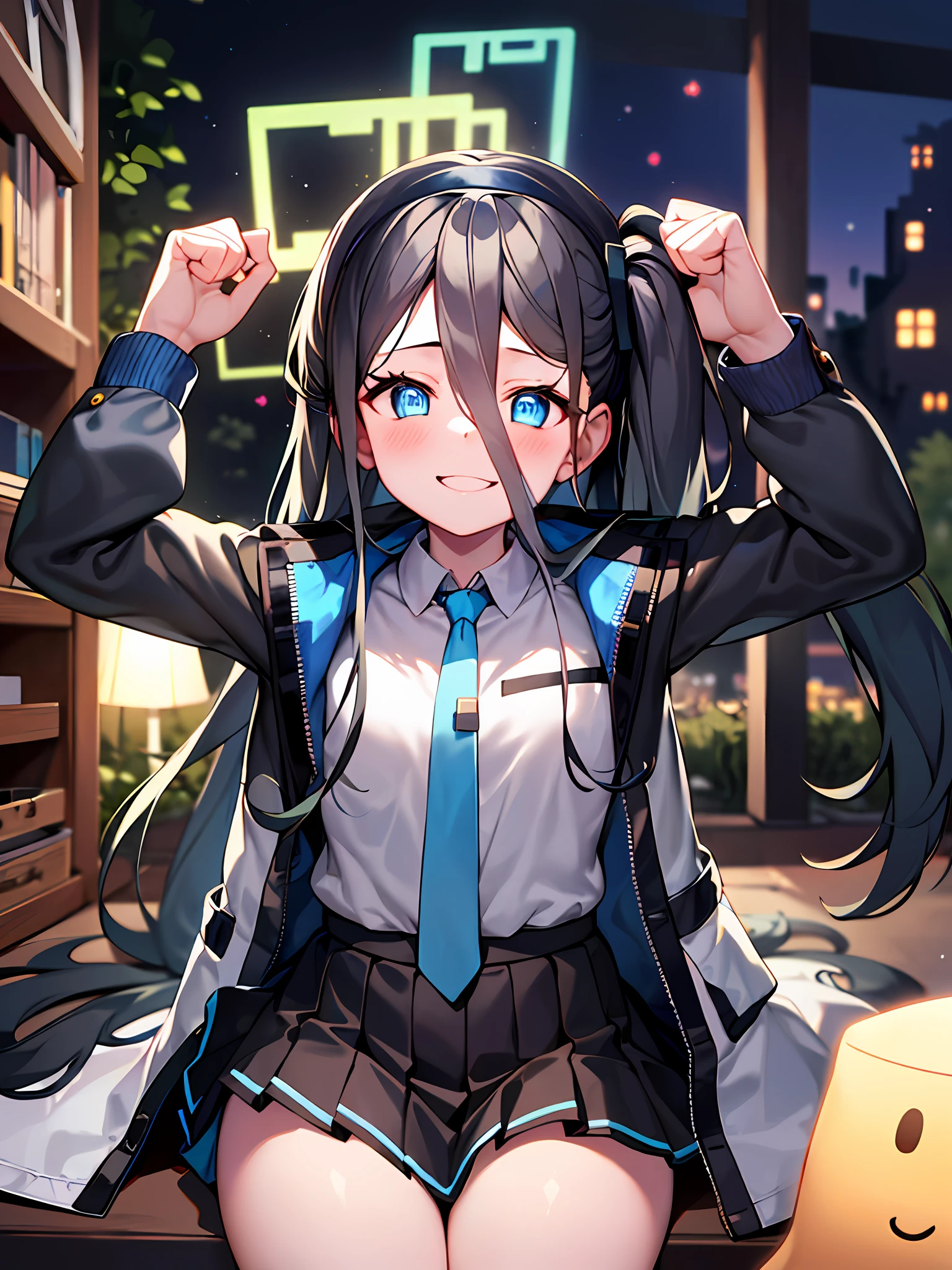 pureerosface_v1:0.66), best quality, ultra high definition, (photorealistic: 1.4), one girl, fine eyes, dark-eyed makeup, slim waist, blush, K-pop idol, (charm: 1.0), fine-eyed makeup, puffy eyes, solo, perfect anatomy, (big), (slender), (black hair: 1), (watch viewers). (original_alice), (light blue tie), (marine blue eyes), (zhuo),(alice_halo:0.7),(blue halo),(smile),(happy),(pigtails),(long hair),(long bangs),(blue archive),(black hair band),(long coat),(school uniform),(white long-sleeved shirt),(pleated skirt),(navy blue skirt), depth of field, facial details, skin luster, beautiful eyes, dark eye makeup, slim waist, blush, fine eye makeup, solo, perfect anatomy, arms up, fist clenching, serious, sitting, night, room.