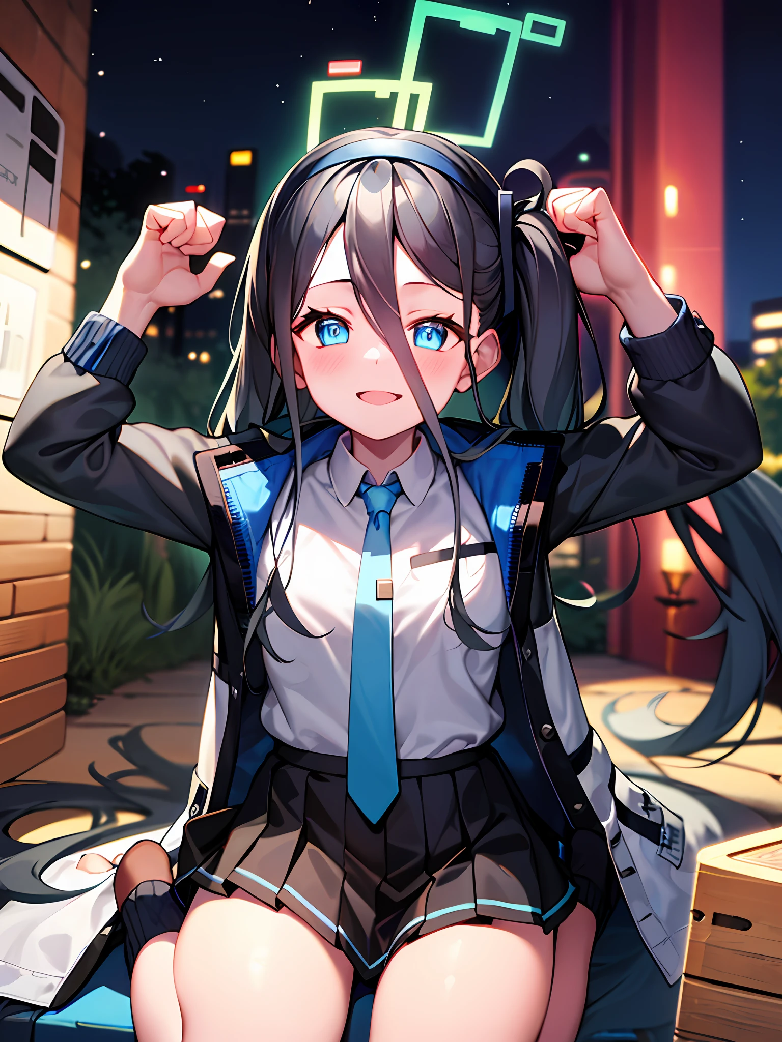 pureerosface_v1:0.66), best quality, ultra high definition, (photorealistic: 1.4), one girl, fine eyes, dark-eyed makeup, slim waist, blush, K-pop idol, (charm: 1.0), fine-eyed makeup, puffy eyes, solo, perfect anatomy, (big), (slender), (black hair: 1), (watch viewers). (original_alice), (light blue tie), (marine blue eyes), (zhuo),(alice_halo:0.7),(blue halo),(smile),(happy),(pigtails),(long hair),(long bangs),(blue archive),(black hair band),(long coat),(school uniform),(white long-sleeved shirt),(pleated skirt),(navy blue skirt), depth of field, facial details, skin luster, beautiful eyes, dark eye makeup, slim waist, blush, fine eye makeup, solo, perfect anatomy, arms up, fist clenching, serious, sitting, night, room.