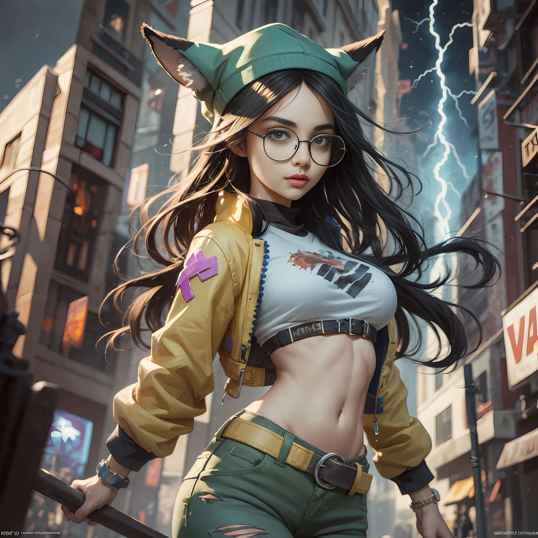 anime style, widescreen, masterpiece, best quality, {{{{official art}}}}, valorant killjoy {fox girl, dark black hair, circle glasses, fox ears, fox tail, big boobs, killjoy green hat, round glasses, yellow jacket, gray shirt, belt, black pants, torn clothes, lonely, full body, butt, small breasts, ultra high resolution, perfect anatomy (small breasts), beautiful hips and stomach, beautiful face, beautiful hands, high resolution beautiful eyes, character concept, perfect anatomy, focus, dynamic, high details, highly detailed, sharp soft focus, Kim Art Jung Gi, Artgerm, Carne Griffiths and Wadim Kashin, Sasha Yakovleva, Loish, Jeremy Mann , Lightningwave, Victor Nizovtsev, Greg Rutzowski, Noah Bradley Trending on Artstation, 8K, Masterpiece, Fine details, Full of colour.