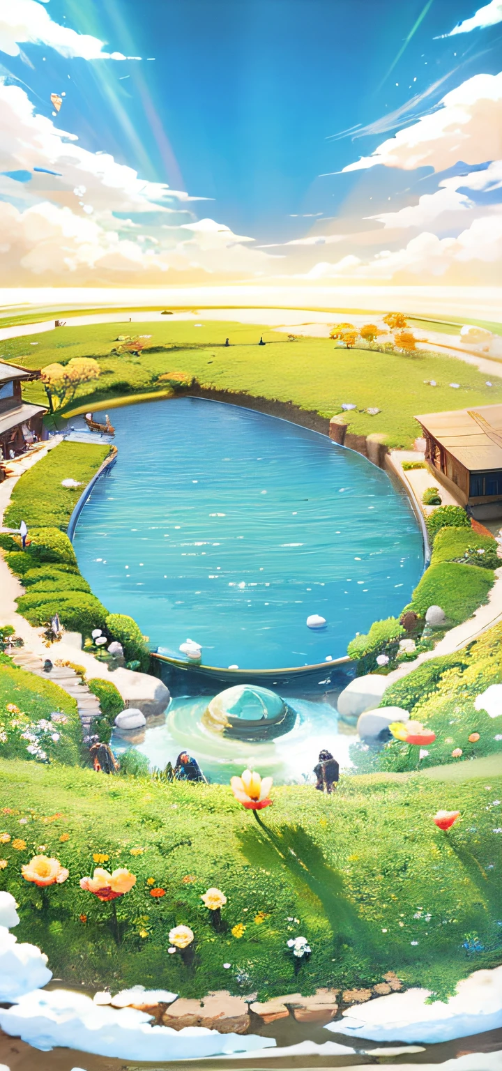 There is a small pond with lots of water, bubbling landscape, detailed scenery - width 672, magical sparkling lake, mini lake, set is blissful wallpaper, background artwork, beautiful lake background, cute detailed digital art, amazing wallpaper, relaxing concept art, anime countryside landscape, official artwork, landscape art detail, lake background, sunny environment, small lake, illustration style --auto