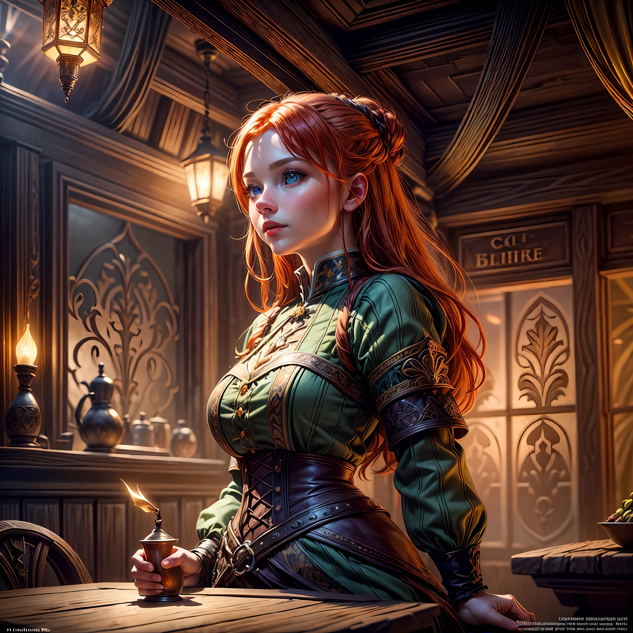 beautiful ginger women in detailed dress at cozy detailed cruising ship, air above hair, IPA award wining, masterpiece, ultimate lighting, art by top 5 artstation artists