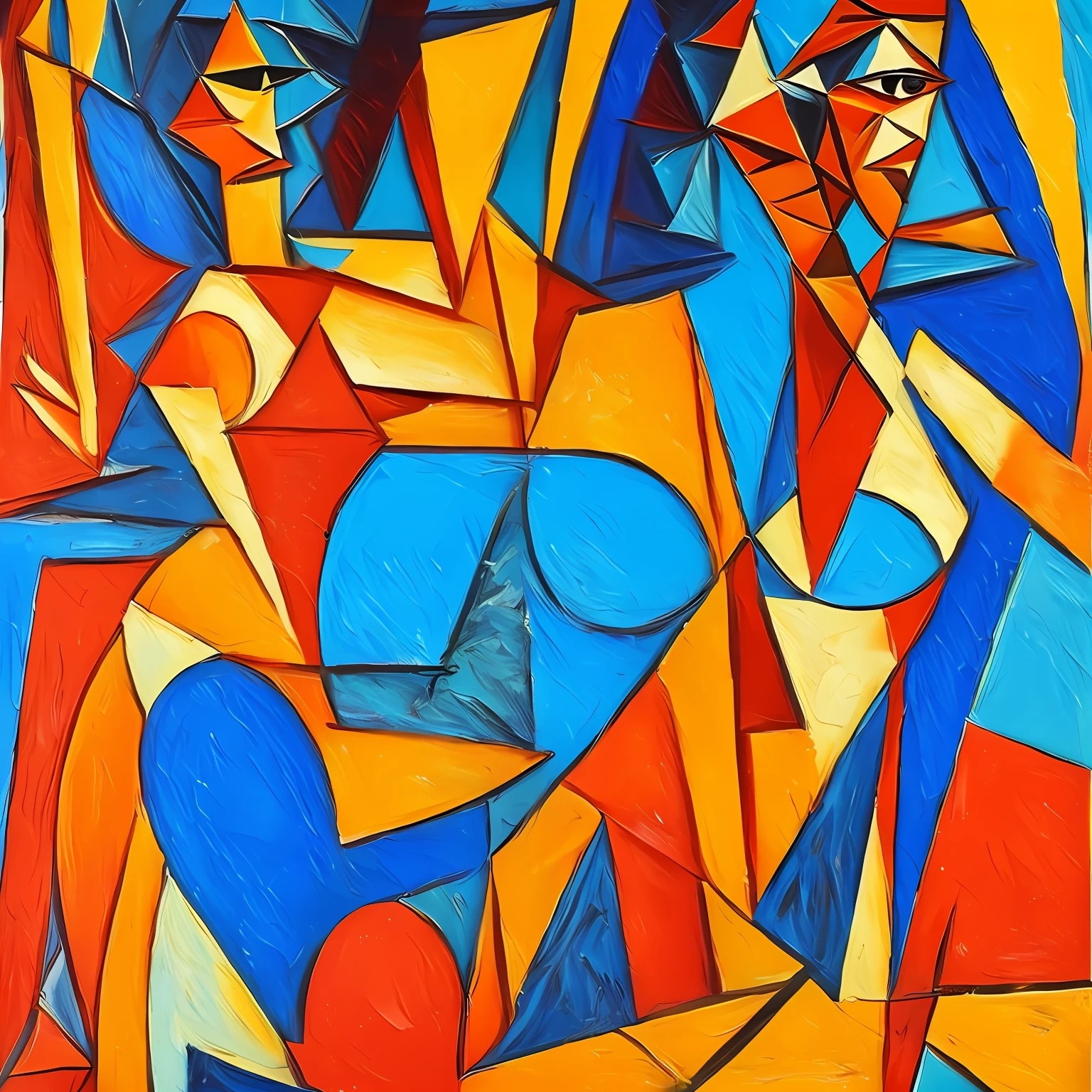 Rude and crude oil painting Picasso brush texture thick on wood bright colors orange and blue, beautiful woman confident and bold in bathing suit, delicate body contour