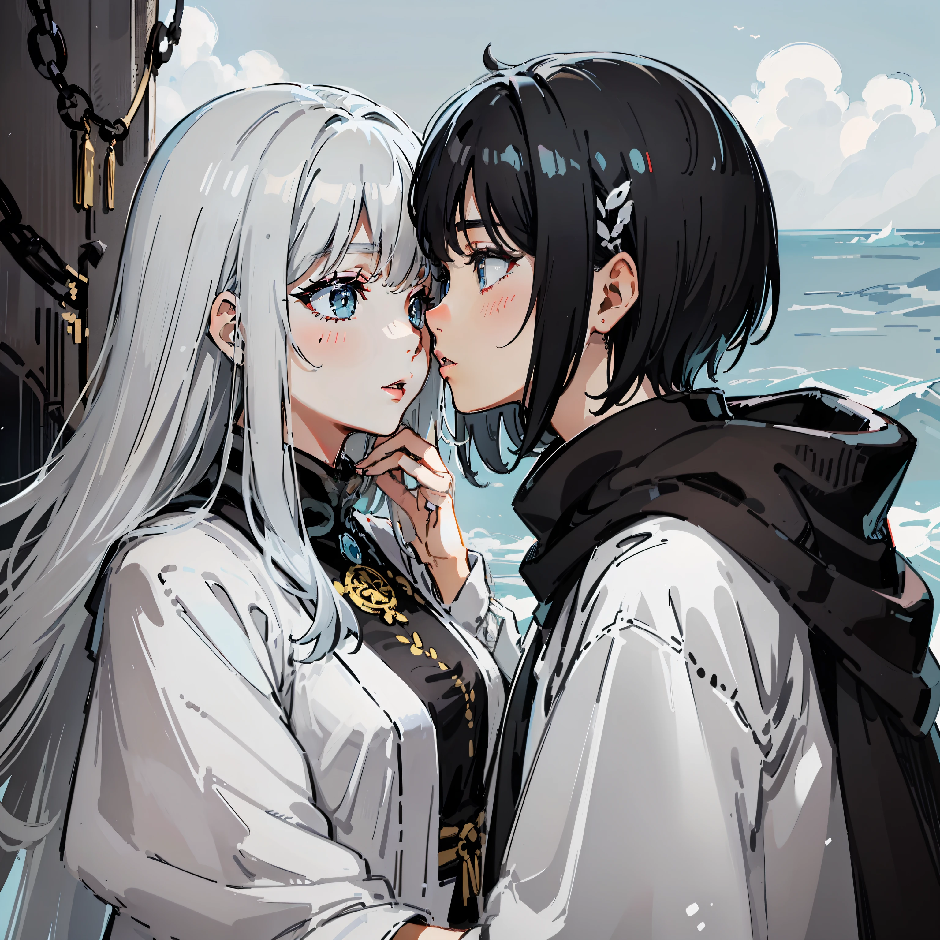 a korean woman with a short black haircut with white flecks on her bangs. Wears a black cloak with a white shirt underneath, and has stormy grey eyes. She is kissing a a korean woman with long white hair. Wears a white cloak with gold lining, and has ocean-blue eyes.