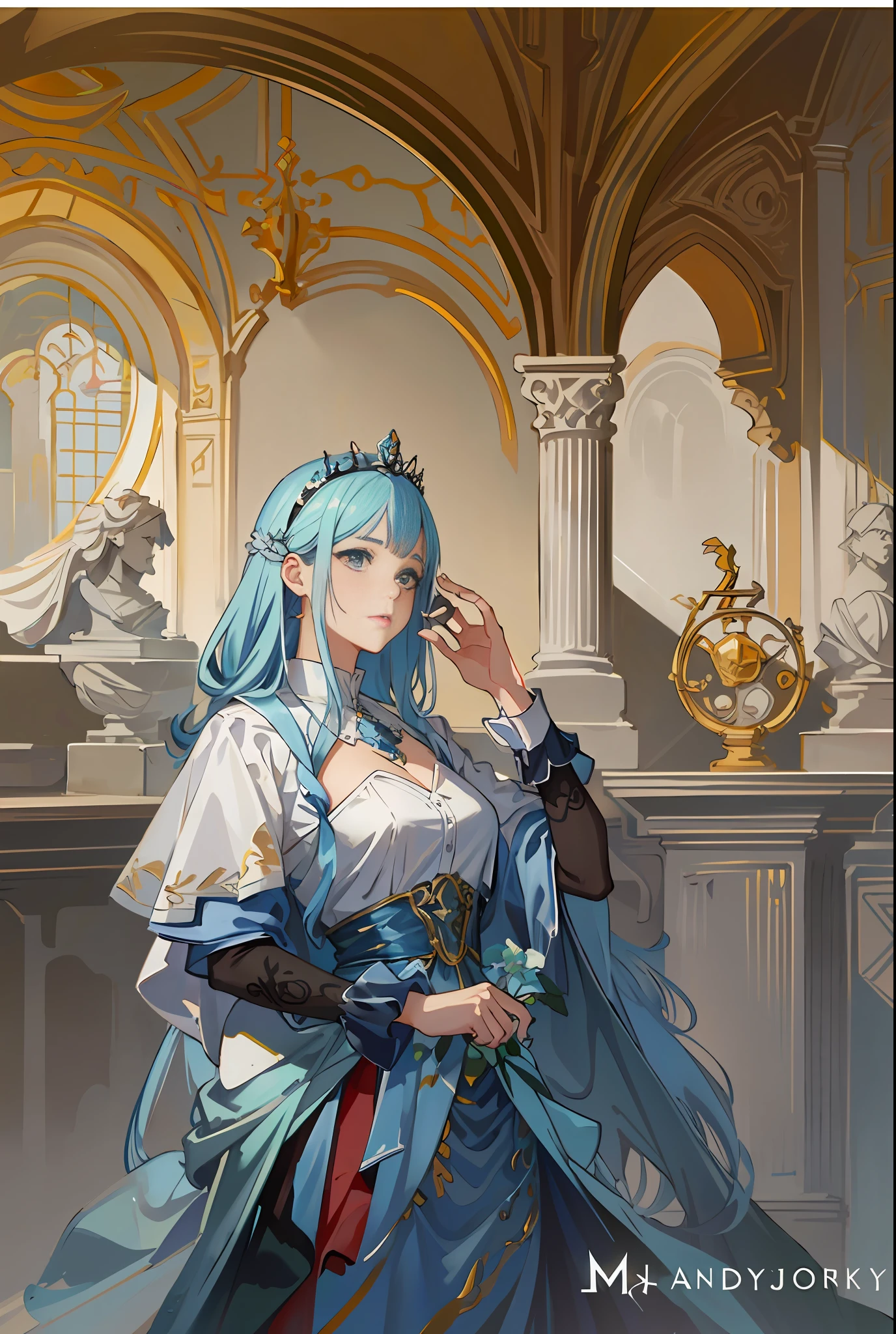 Model shooting style, (extremely detailed CG Unity 8k wallpaper), full-shot body photo of the most beautiful artwork in the world, stunning beautiful photo realistic available, super realistic super detailed photo, a beautiful girl as a female dancer entering the Loggia dei Lanzi of Florence,complex dress, banquet, crowd, [slight smile], (Sculpture of Hercules background), (princess eyes, shining pupils), detailed symmetrical beautiful hazel eyes, detailed gorgeous face, highly detailed, Vibrant, professional majestic oil painting by Ed Blinkey, Atey Ghailan, Studio Ghibli, Jeremy Mann, Greg Manchess, Antonio Moro, ArtStation Trends, CGSociety Trends, Complex, High Detail, Sharp Focus, Dramatic, Realistic Painting Art, by Midjourney and Greg Written by Rutkowski
