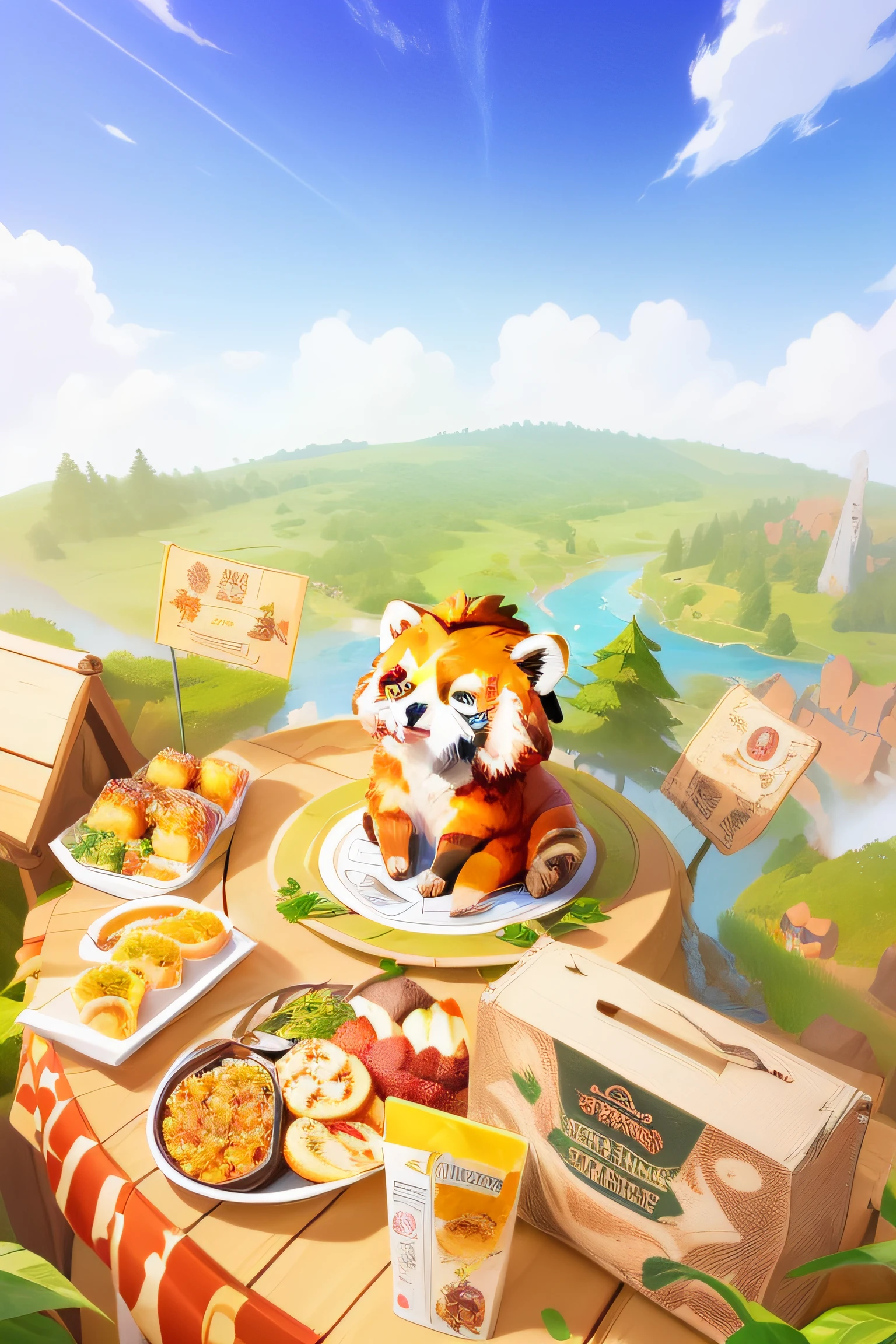 there is a table with a lot of food on it, mobile game background, mobile game art, game illustration, background art, game cg, red panda on a propaganda poster, game background, game art, 8 k cartoon illustration, cute detailed digital art, lulu chen, pc screenshot, background artwork, highly detailed scene, official screenshot, game screen, forest picnic