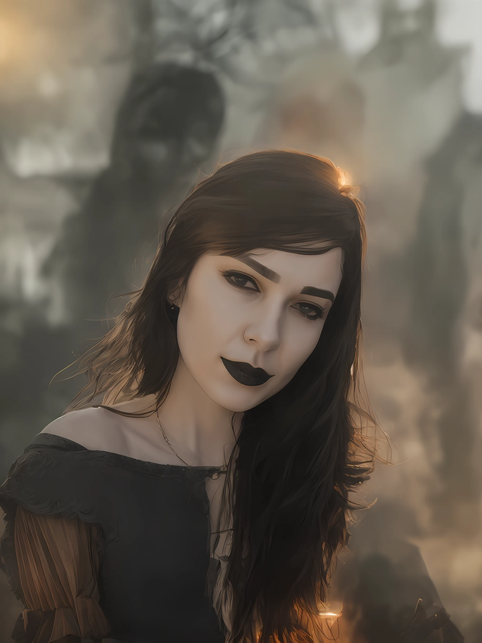 Model with original human face, human face faithful to upload image, human face, hair in the wind, bluish black hair, intriguing challenging look, torso (heavy gothic armor spikes shoulders use lora), (highly detailed skin: 1.2), 8k uhd, dslr, soft lighting, high quality, film grain, Fujifilm XT3, mordor scenery, sauron ghost in the background
