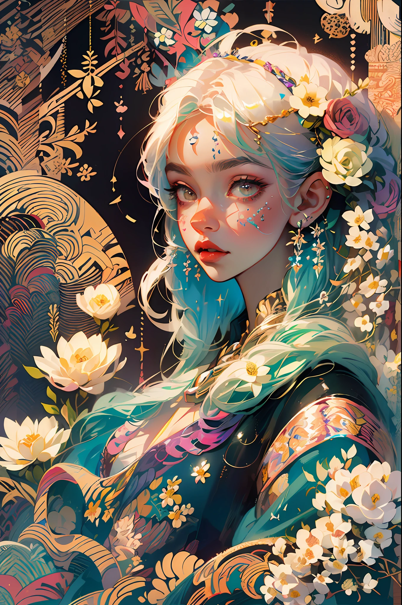 (masterpiece, top quality, best quality, official art, beautiful and aesthetic:1.2), (1girl:1.3), extremely detailed,(fractal art:1.1),(colorful:1.1)(flowers:1.3),highest detailed,(zentangle:1.2), (dynamic pose), (abstract background:1.3), (shiny skin), (many colors:1.4), ,(earrings:1.4), (flowers:1.4)